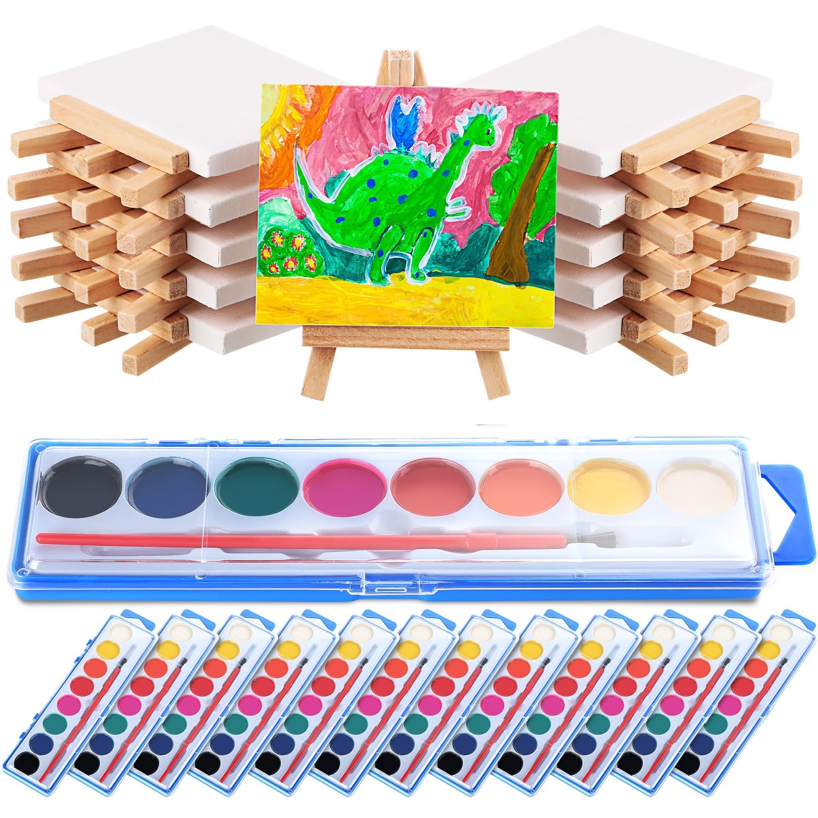Fuutreo 24-Piece Kids Watercolor Paint Set with Mini Canvas Easel & Brushes - Washable Non-Toxic Art Supplies for Birthday Party Favors, Classroom Prizes, Creative Painting Activities