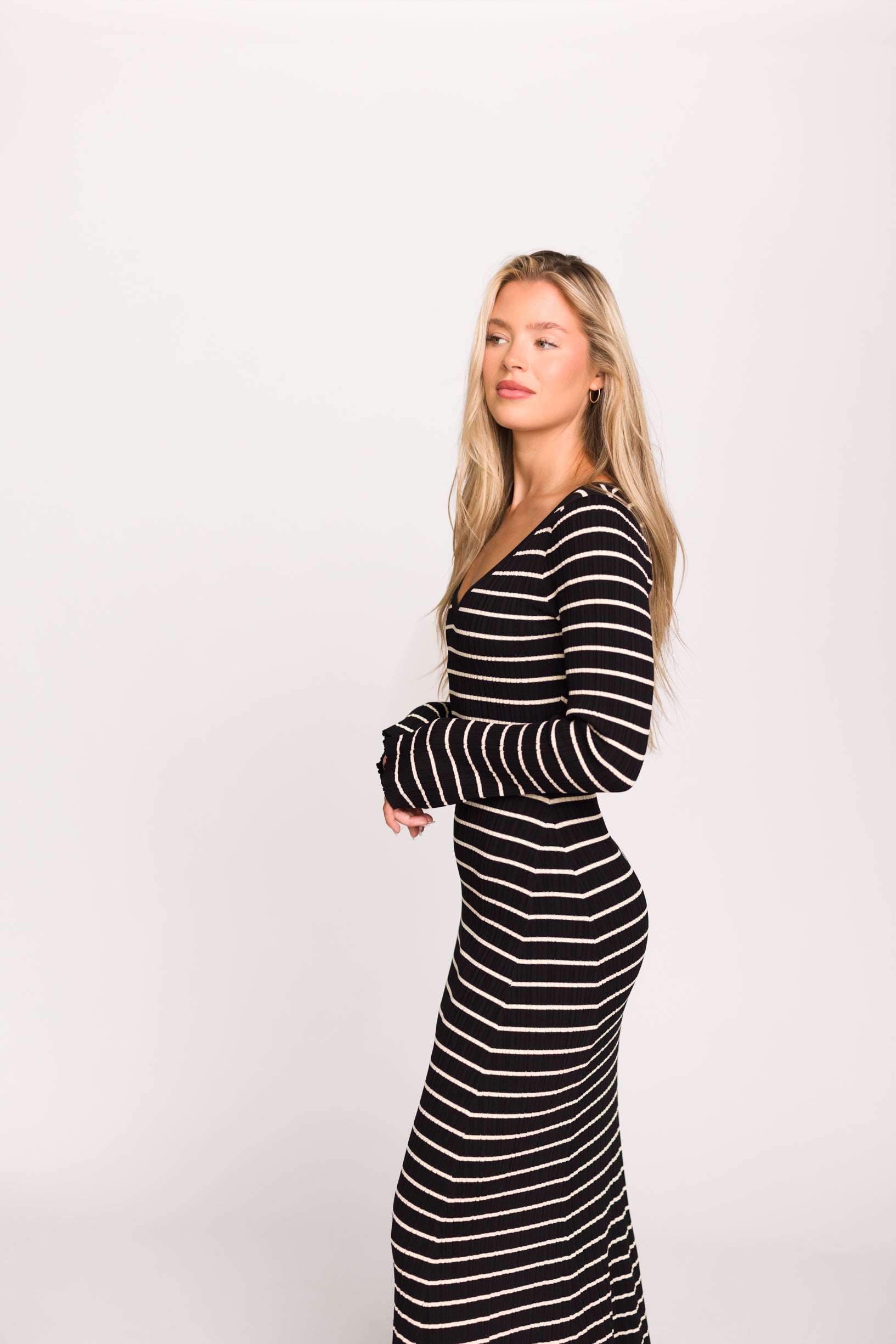 Keaton Knit Maxi Dress - V Neckline Black & Cream Striped Flowy Dress for Women | Perfect for Summer Beach Vacations, Date Nights & Casual Outings
