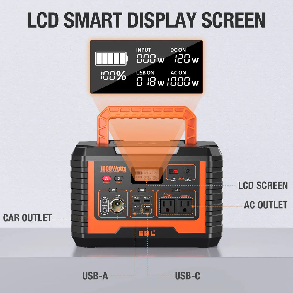 EBL MP1000 Portable Power Station 999Wh 1000W Solar Generator - Perfect for Camping, RV Trips, and Emergency Backup Power