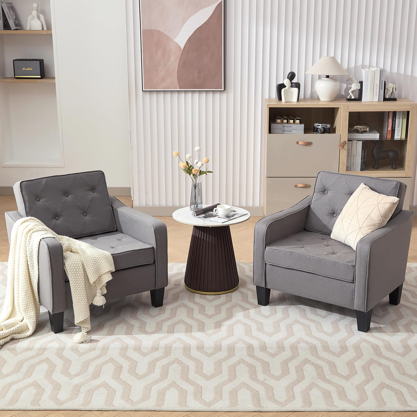 STHOUYN 2-Piece Grey Tufted Accent Chairs Set - Modern Living Room Armchairs, Comfortable Club Chairs for Bedroom, Office & Small Spaces - Perfect for Reading, Waiting Areas & Home Decor