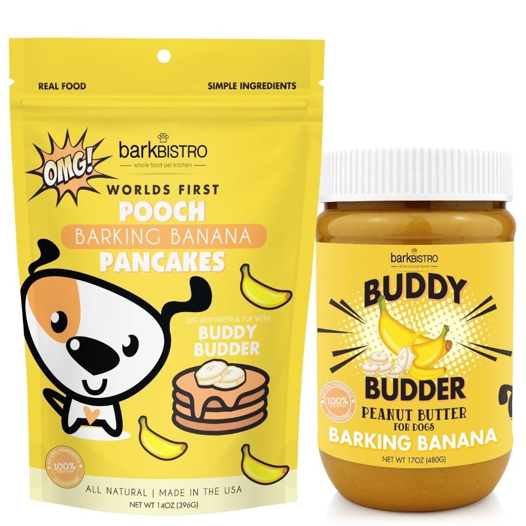 All Natural BARKIN' Banana Buddy BUDDER & Pooch Pancakes Dog Treats - USA Made Peanut Butter & Pancakes for Dogs, No Artificial Sugar or Preservatives | Perfect for Training Rewards, Kong Stuffing & Special Occasion Treats