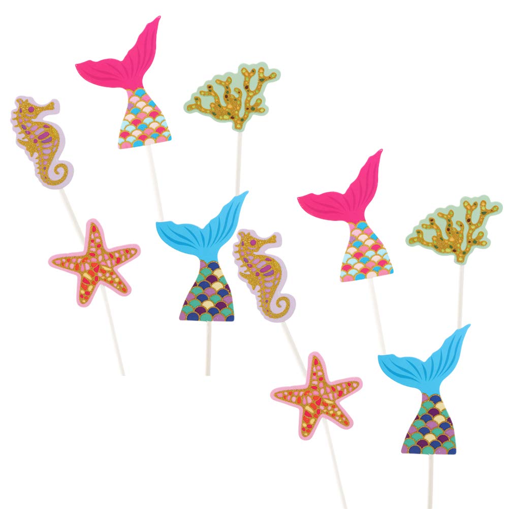 10PCS Star & Mermaid Cake Toppers - Bronzing Silver Cake Decorations, Cupcake Picks for Birthday, Wedding, Baby Shower Parties (Random Colors)