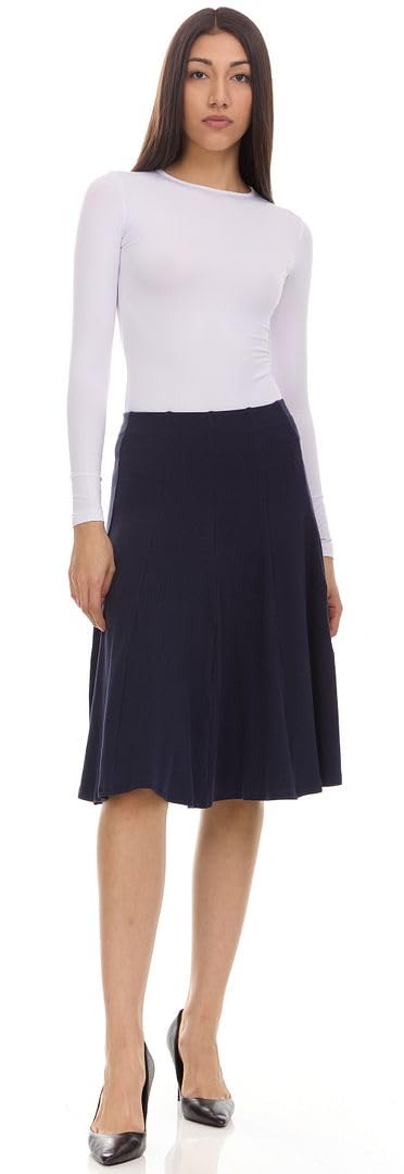 Women's Ribbed Cotton Knee-Length Skirt with Elastic Waist - Office Pleated Skirt for Work, Business Casual & Spring Outfits