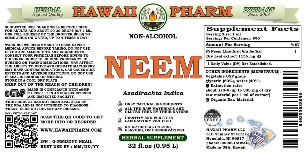 Organic Neem (Azadirachta Indica) Alcohol-Free Liquid Extract - Natural Herbal Supplement for Skin Care & Immune Support - Hawaii Pharm USA 32 fl.oz - Perfect for Daily Wellness Routine & Holistic Remedies