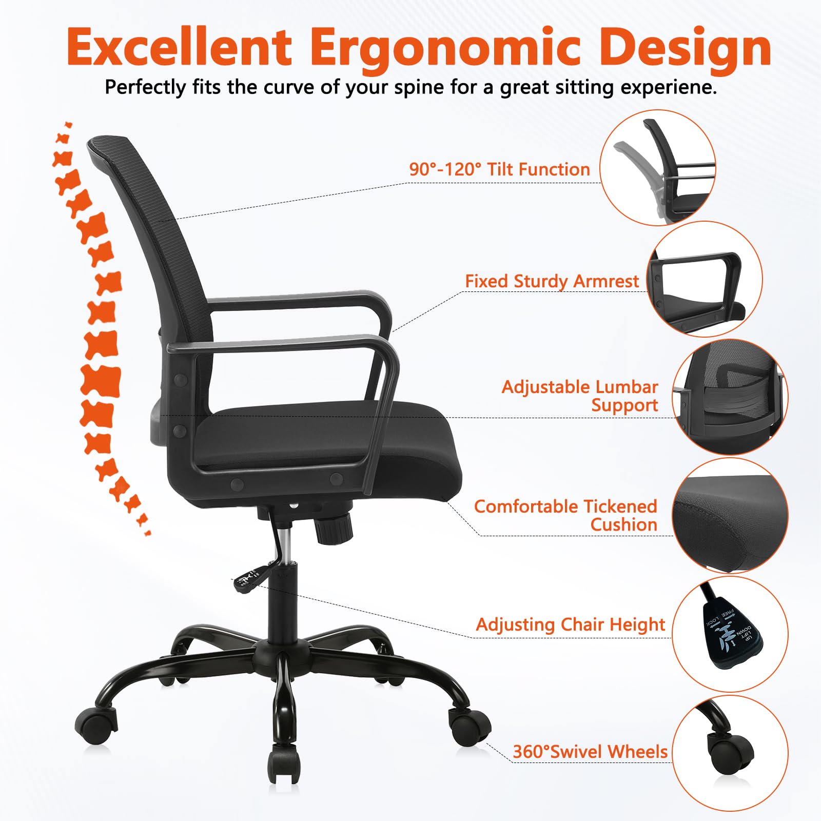 CLATINA Ergonomic Office Chair - Mid Back Mesh Computer Desk Chair with Adjustable Height & Lumbar Support, Rolling Swivel for Home Office, Black - Perfect for Long Work Hours & Gaming Sessions
