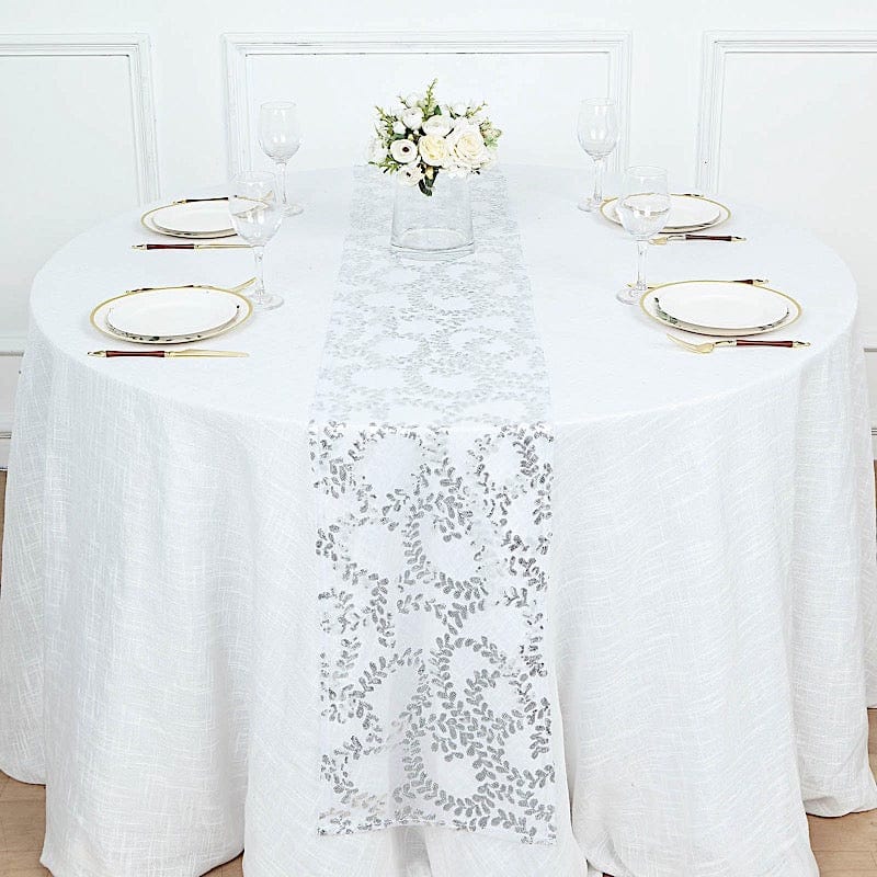 12x108 Inch Embroidered Tulle Table Runner with Leaves Vines and Sequins - Elegant Wedding Reception Decor, Party Table Cover, Dining Room Centerpiece