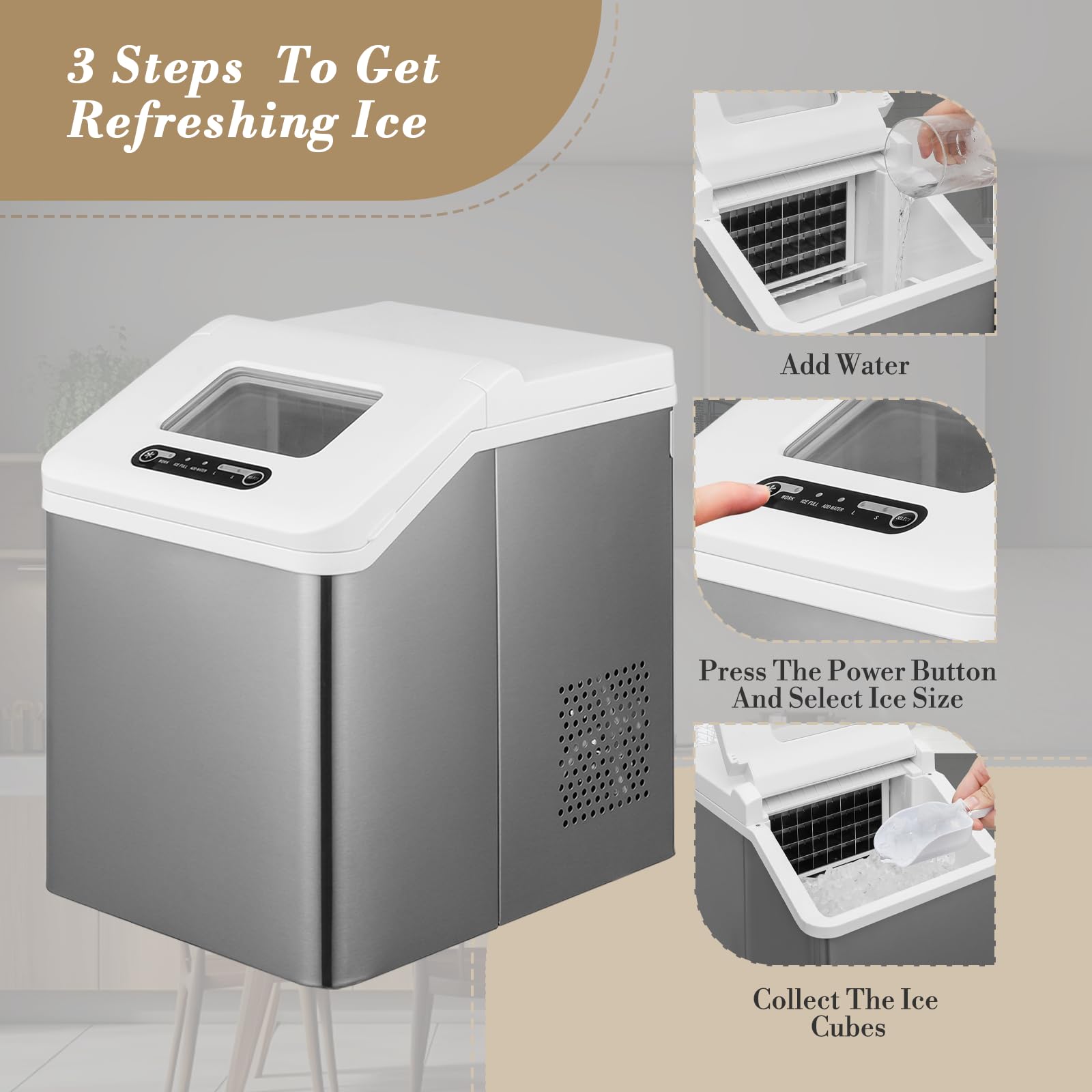 Portable Countertop Ice Maker - 32 Cubes in 20 Minutes, 33lbs Daily Output, Self-Cleaning with Ice Basket & Scoop - Compact Mini Ice Machine for Home, Kitchen, Office, Party, RV & Outdoor Camping - White