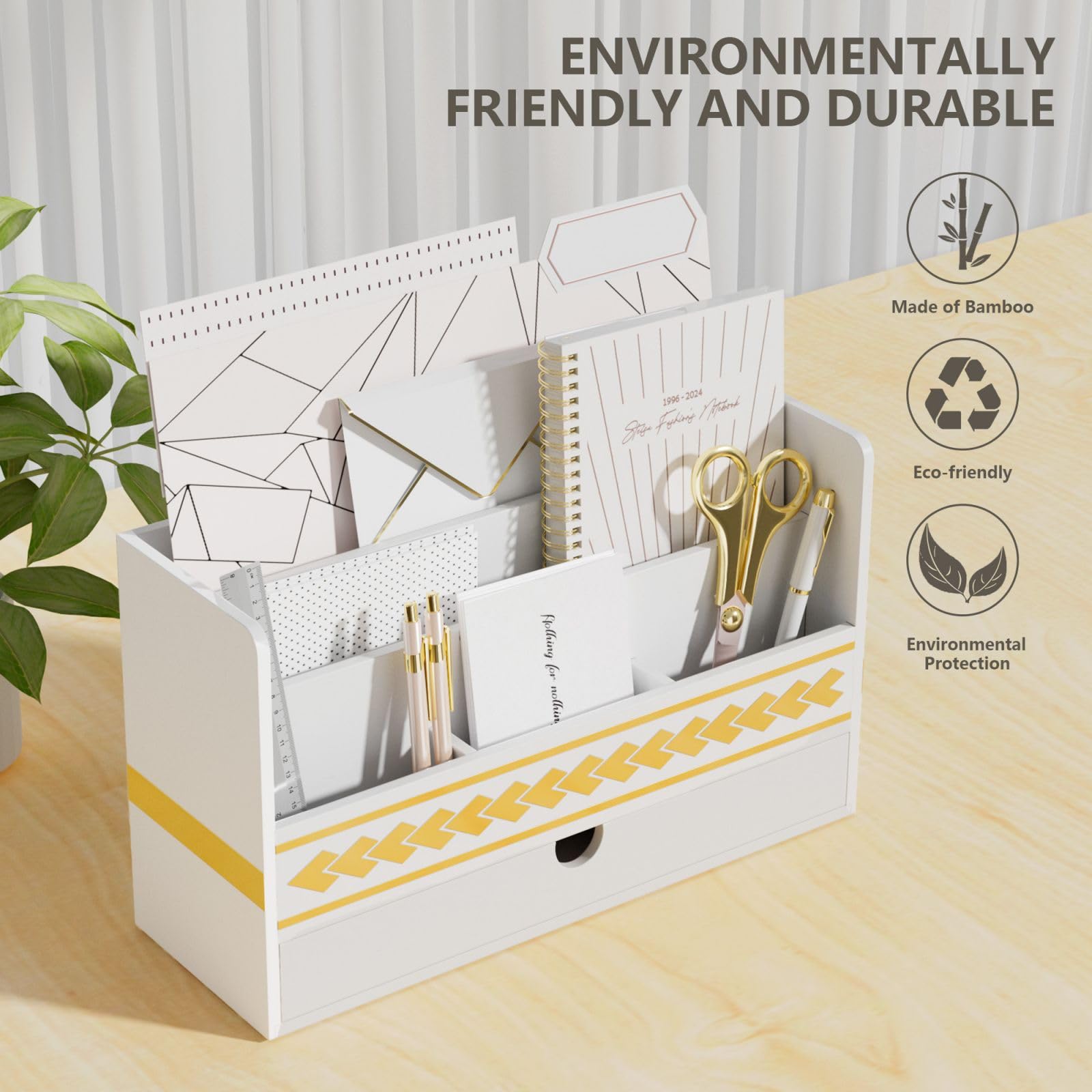 Bamboo Desk Organizer - Wooden Mail Holder & Countertop Storage Box with Drawer for Pens, Letters & Office Supplies | Perfect for School, Home & Office Organization (White)
