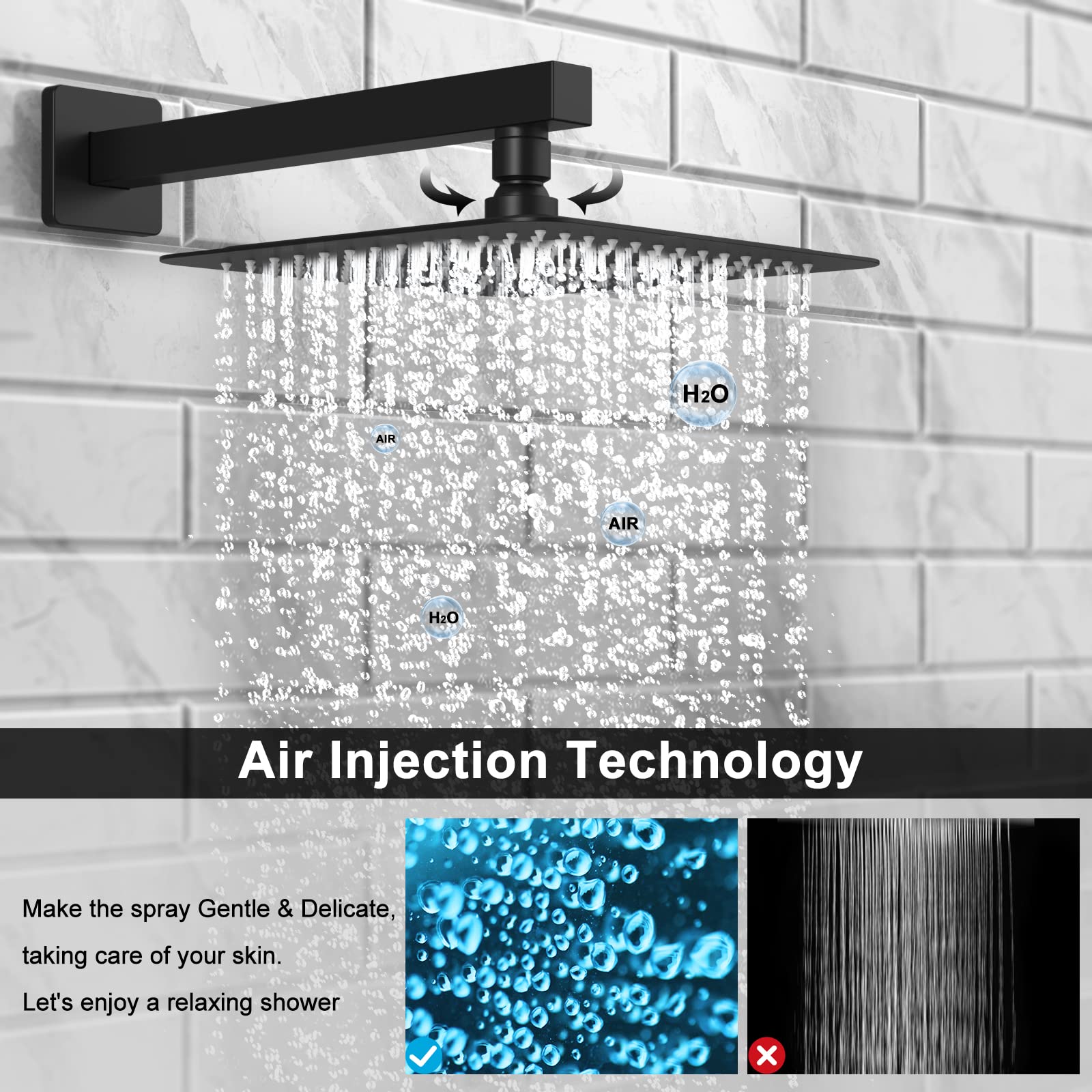 EMBATHER 12 Inch Matte Black Shower System - Square Rainfall Shower Head & Handheld Spray Combo with Wall Mounted Faucet for Bathroom (Includes Rough-in Valve & Trim) - Perfect for Modern Home Spa Experience and Luxury Bathroom Renovation