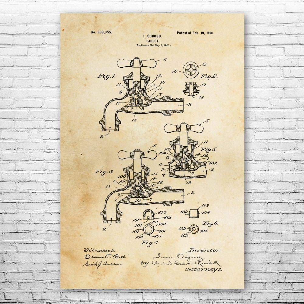Vintage Water Faucet Poster Print - 20x30 Inch Bathroom Wall Art Decor | Perfect Plumber Gift, Pipe Fitter Present & Garage/Workshop Decoration | Ideal for Home, Office & Plumbing Business Display