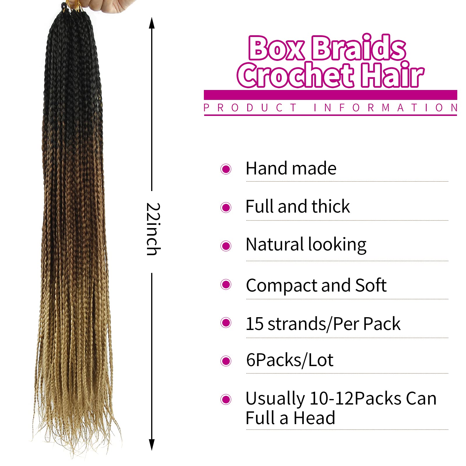 6 Packs Box Braids Crochet Hair - Pre-looped Synthetic Braiding Hair for Women - 22 Inch Ombre Brown - Perfect for Protective Styles, Natural Look & Everyday Wear
