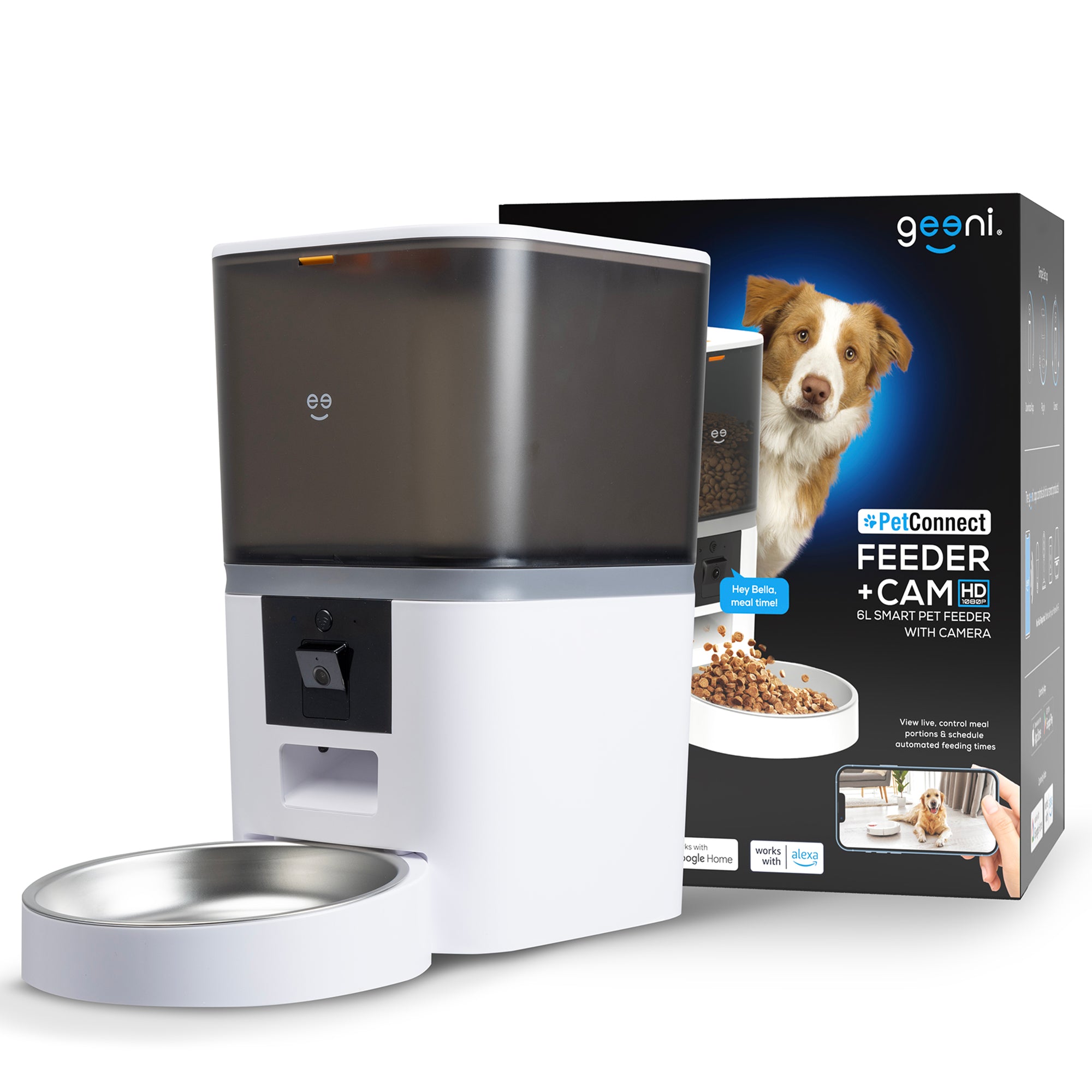 Geeni 6L Smart Pet Feeder with Camera - 1080p HD WiFi Automatic Cat & Dog Food Dispenser with App Control - Perfect for Home, Office & Travel Use
