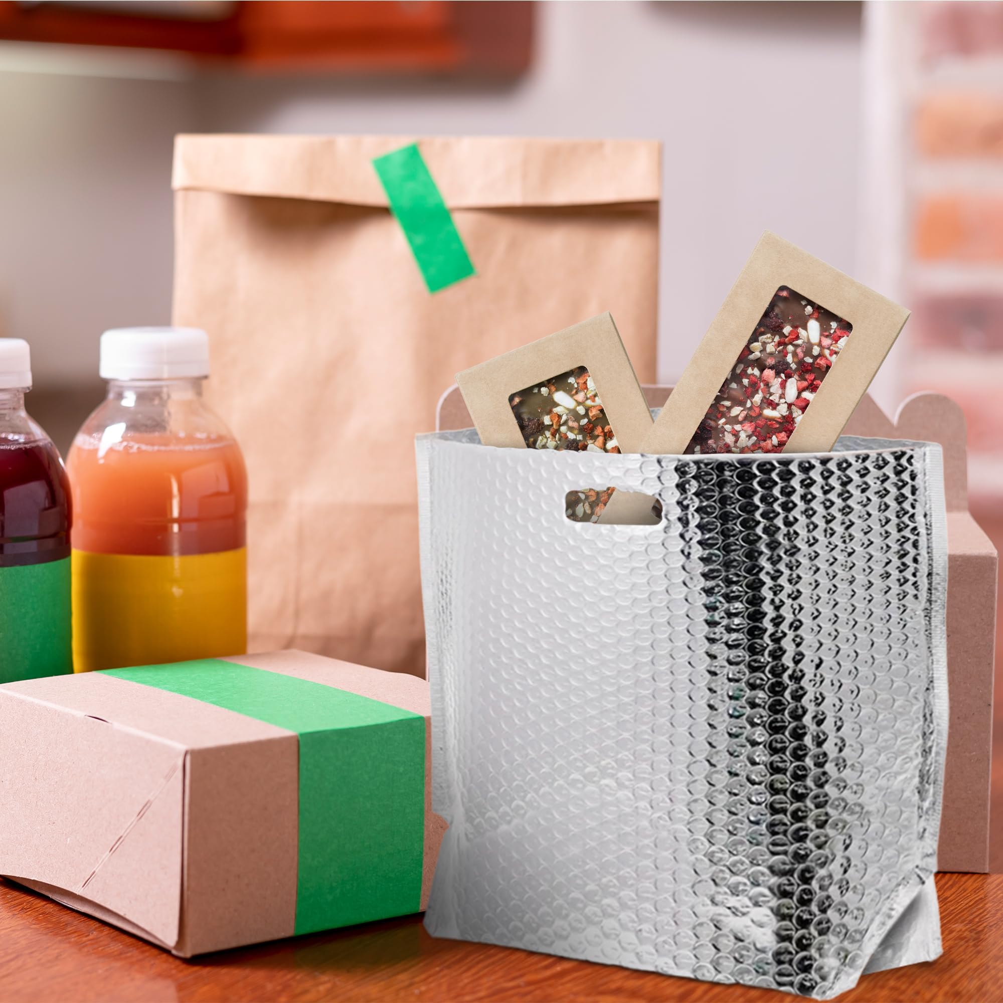 APQ 8x8x8 Inches Insulated Foil Bags with Handles - 50 Pack Thermal Shipping Bags for Frozen Food, Cosmetics & Perishables | Bubble Cushion Lined, Metallized Foil Insulation | Perfect for Meal Prep, Grocery Delivery & Cold Chain Logistics
