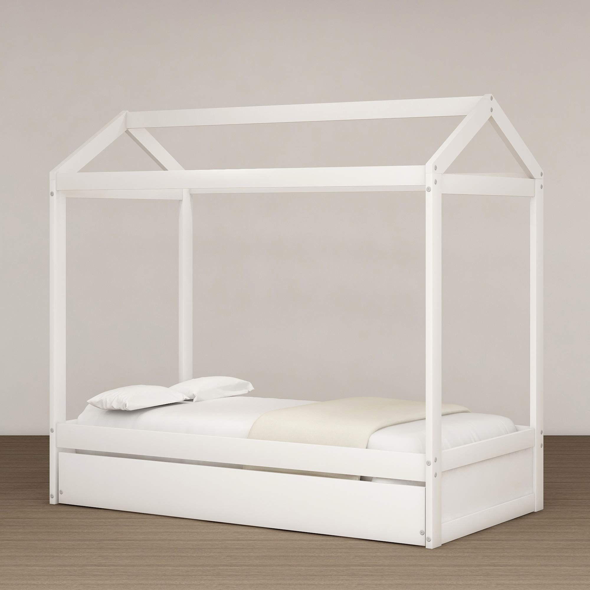 Twin House Bed with Trundle - Wooden Floor Daybed Frame with Roof for Kids Room, Boys & Girls Bedroom Furniture - Perfect for Playtime, Sleepovers & Cozy Reading Nook