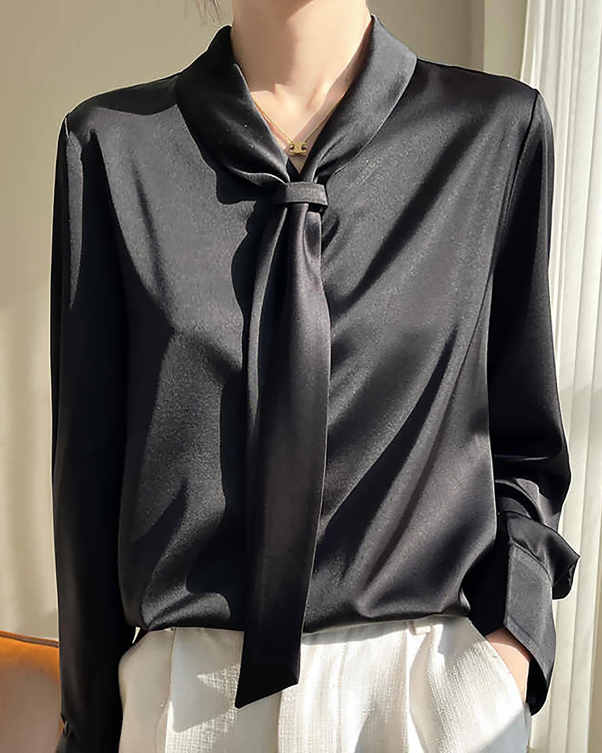 Elegant V-Neck Tie Front Silk Blouse for Women - Luxurious & Breathable - Perfect for Office, Date Night & Special Occasions