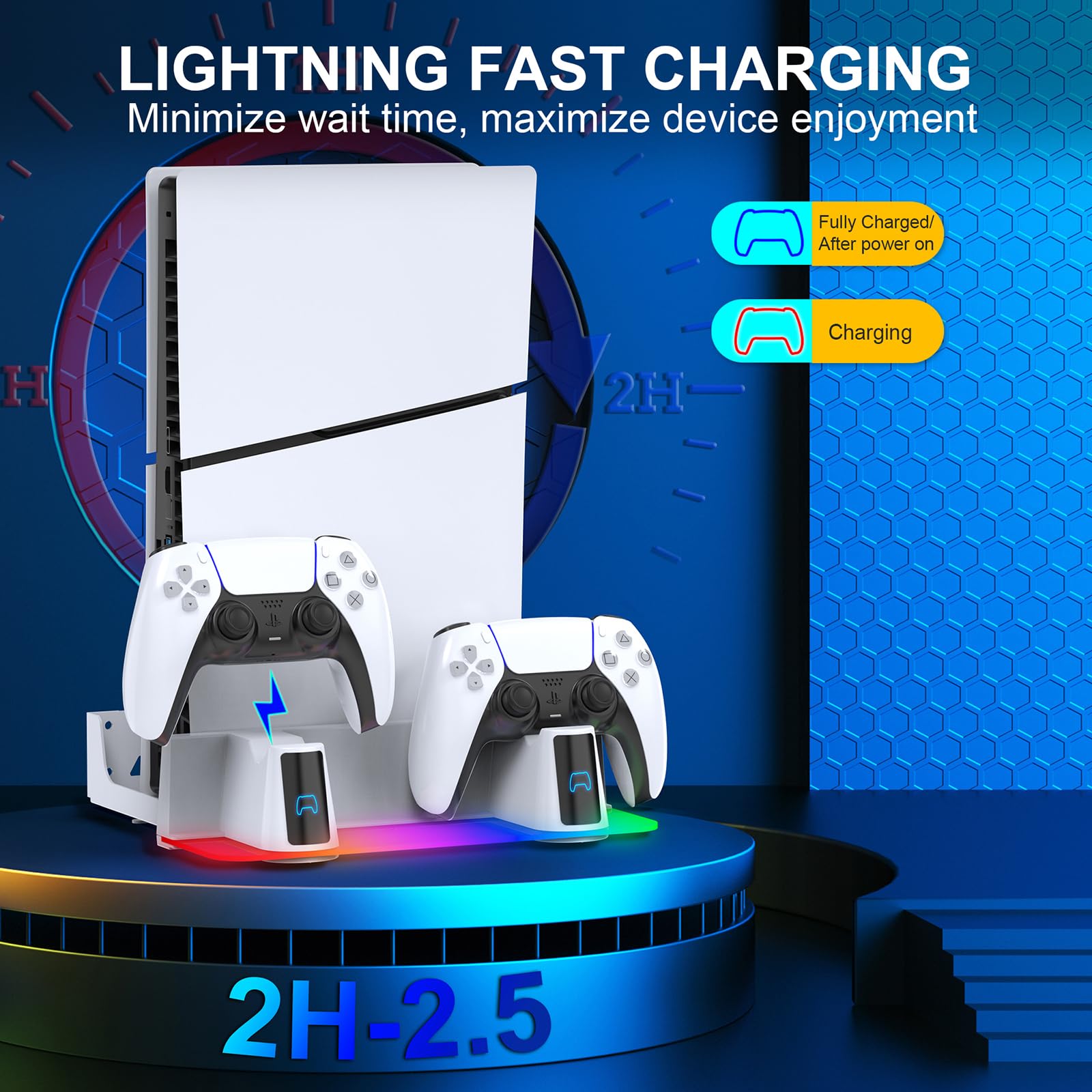 PS5 Wall Mount Kit with Charging Station & RGB LED Light - Compatible with PS5 Slim/Pro Consoles (Disc & Digital Edition) | Fast Dual Controller Chargers, Steel Wall Stand & Headphone Hanger | Perfect for Gaming Room Setup & Space-Saving Organization