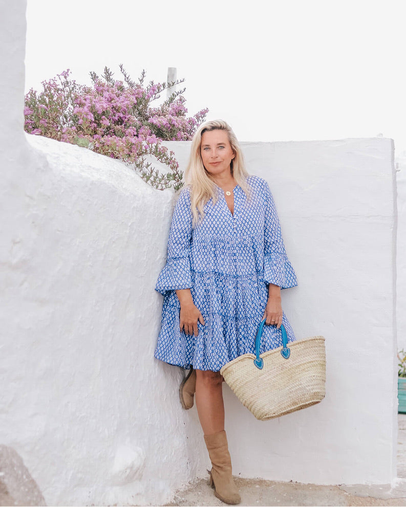 Geo Print Short Dress in Blue - Perfect for Summer Outings, Beach Vacations & Casual Dates