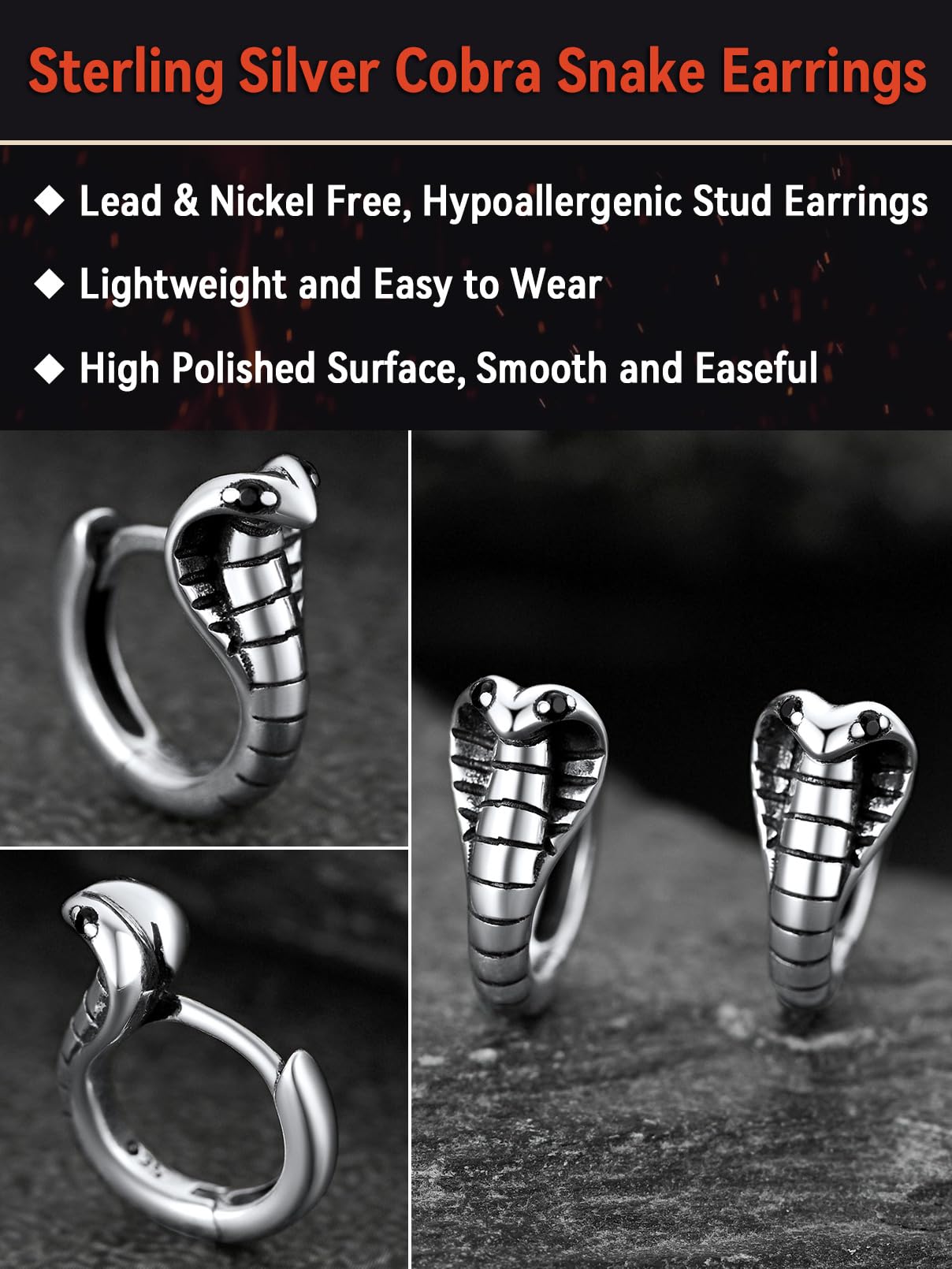 FaithHeart Snake Earrings for Women & Men - 925 Sterling Silver Punk Cobra Stud & Hoop Earrings | Hypoallergenic Dangle Ear Jewelry with Gift Box | Perfect for Gothic, Rocker & Boho Fashion Styles