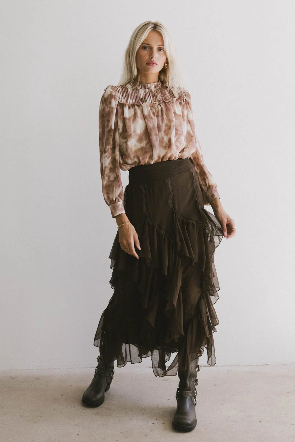 Emerson Women's Brown Ruffled Maxi Skirt - Boho Flowy Long Skirt for Summer, Beach, Vacation & Casual Wear - FINAL SALE