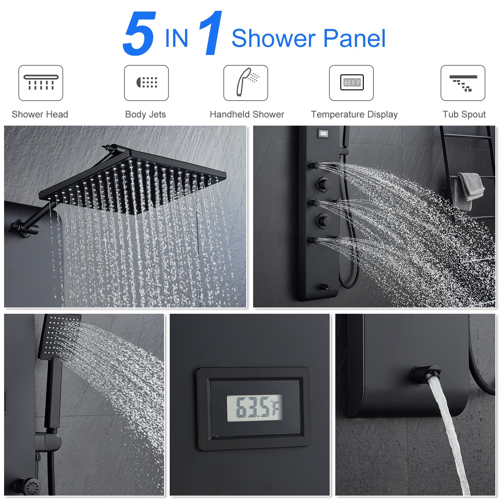 Stainless Steel Shower Panel Tower System with Adjustable Rainfall Shower Head - 4-in-1 Bathroom Fixture with 6 Body Jets, Handheld Shower & Tub Spout - Brushed Nickel Finish for Modern Bathroom & Spa Experience