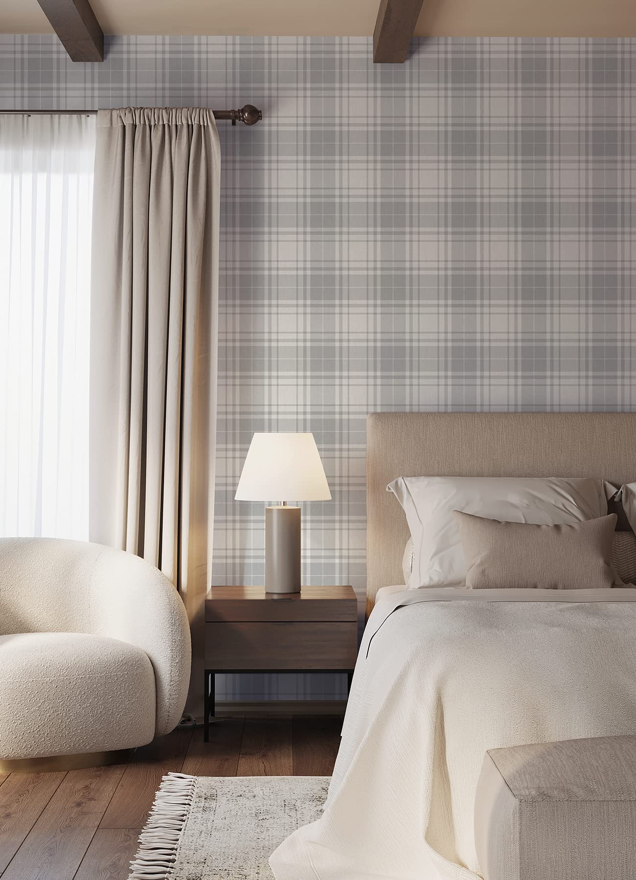 Franklin Plaid Grey Peel and Stick Wallpaper - Self-Adhesive Removable Wallpaper for Bedroom, Living Room, Home Office Decor - Easy DIY Wall Covering for Renters and Homeowners