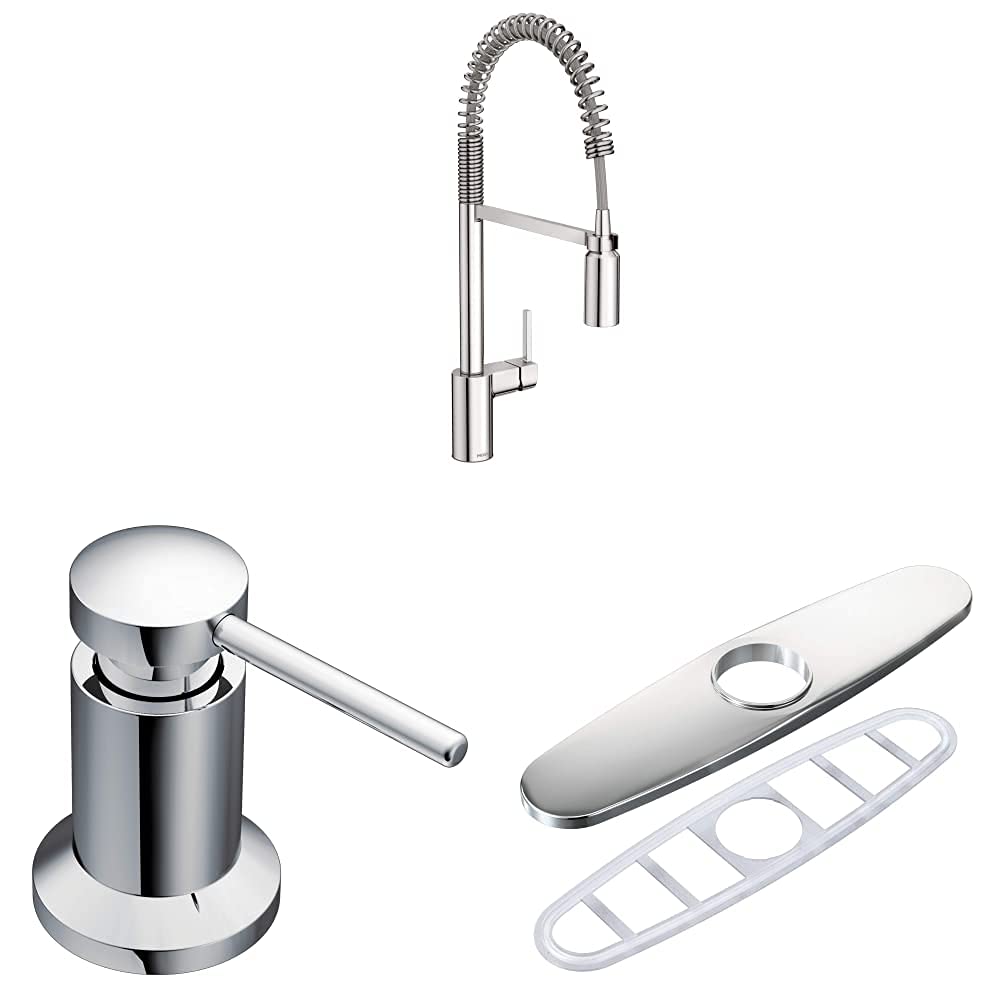 Moen Align One-Handle Spring Pulldown Chrome Kitchen Faucet 5923 with Deck Mounted Soap Dispenser 3942 and Escutcheon Deckplate for 3-Hole Installation 141002 - Perfect for Modern Kitchens, Dishwashing, and Food Prep Areas