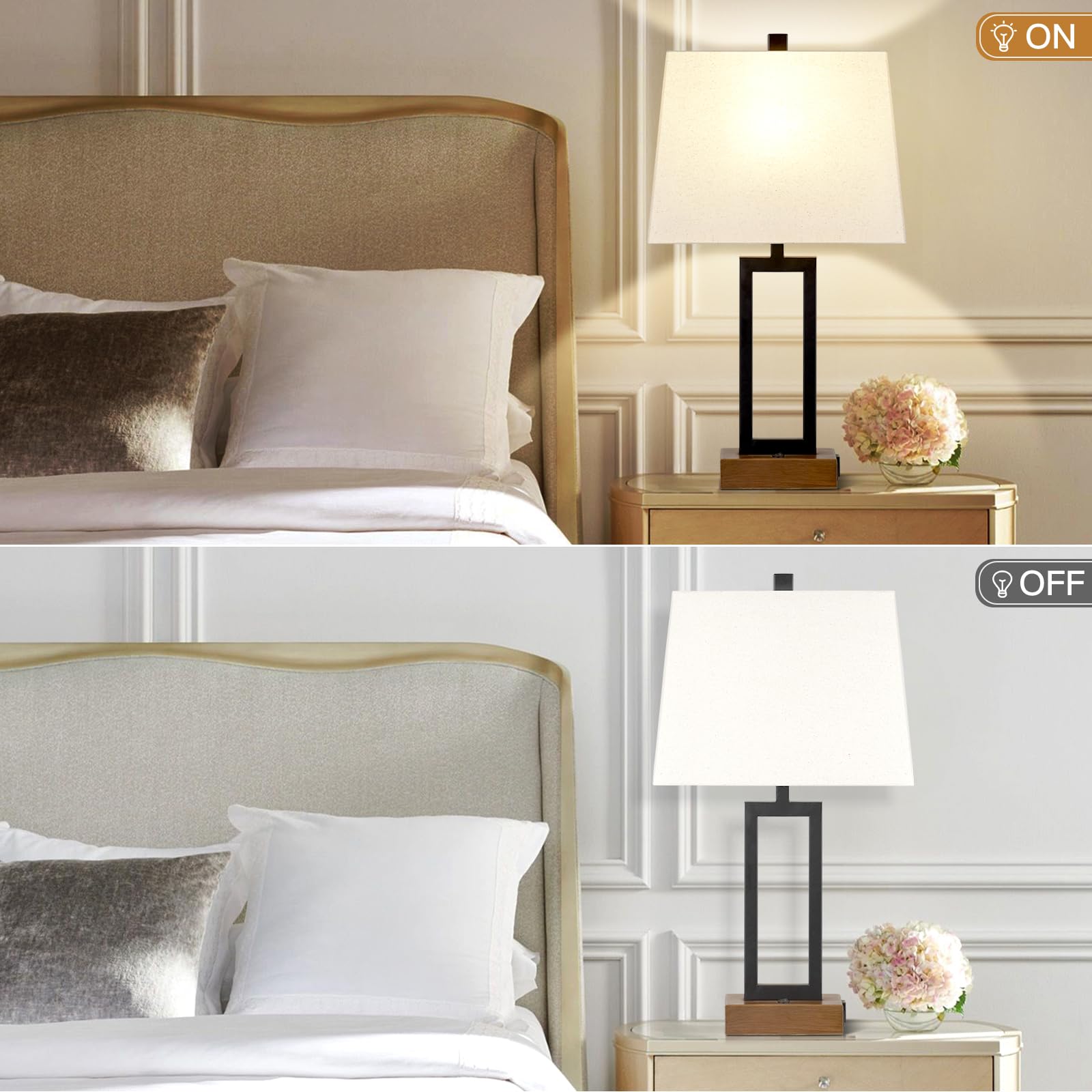 Modern Wood Nightstand Lamp Set of 2 with USB Ports & AC Outlet - 23.5