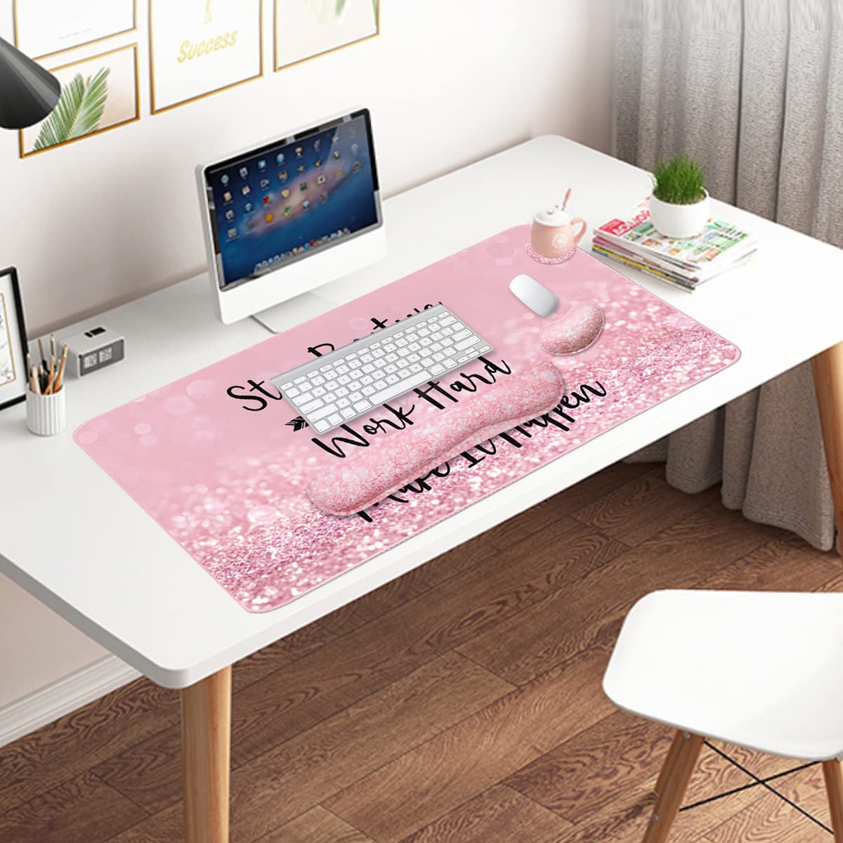 Ergonomic Keyboard and Mouse Pad Set with Memory Foam Wrist Rest - 35.4×15.7 Inch Extended Desk Mat for Comfortable Typing, Gaming & Office Work (3-Piece Set, Pink Stay Positive Design) - Perfect for Home Office, PC Gaming & Productivity Workspace