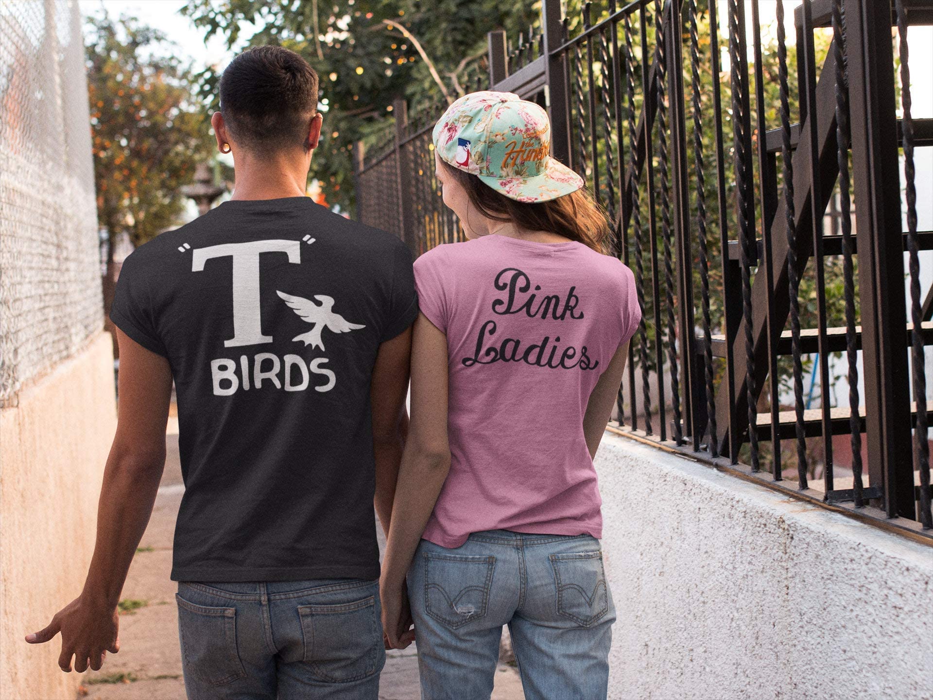 Vintage 1950s T-Birds Black Shirt & Pink Ladies Shirt Set - Retro Couples Costume for Halloween, Sock Hop Party, Grease Themed Events - Men's & Women's Matching Outfits