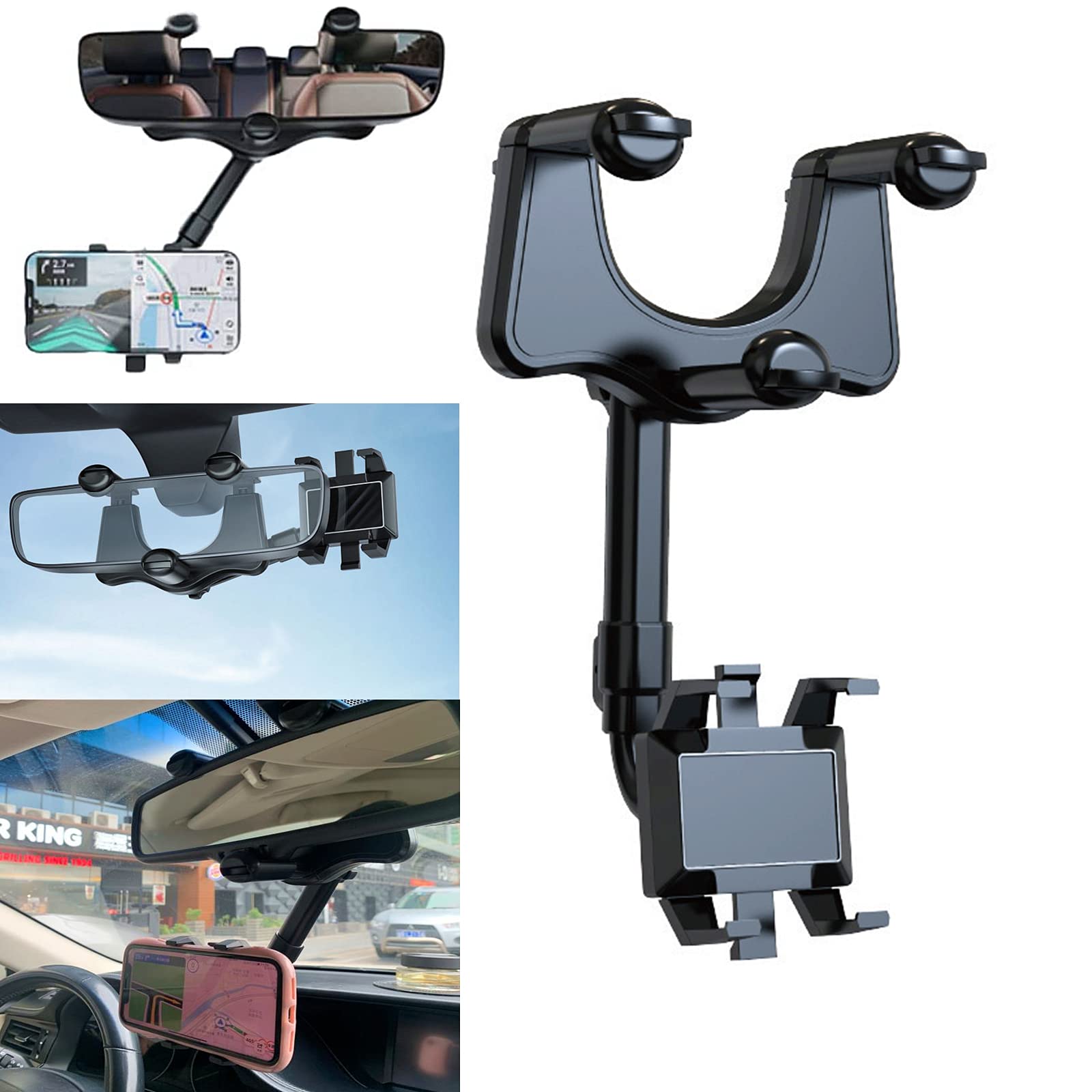 Universal Car Phone Holder Mount - 360° Rotatable & Adjustable Rearview Mirror Clip Stand for iPhone, Samsung, Smartphones | Hands-Free Driving, GPS Navigation, Ride-Sharing Accessories