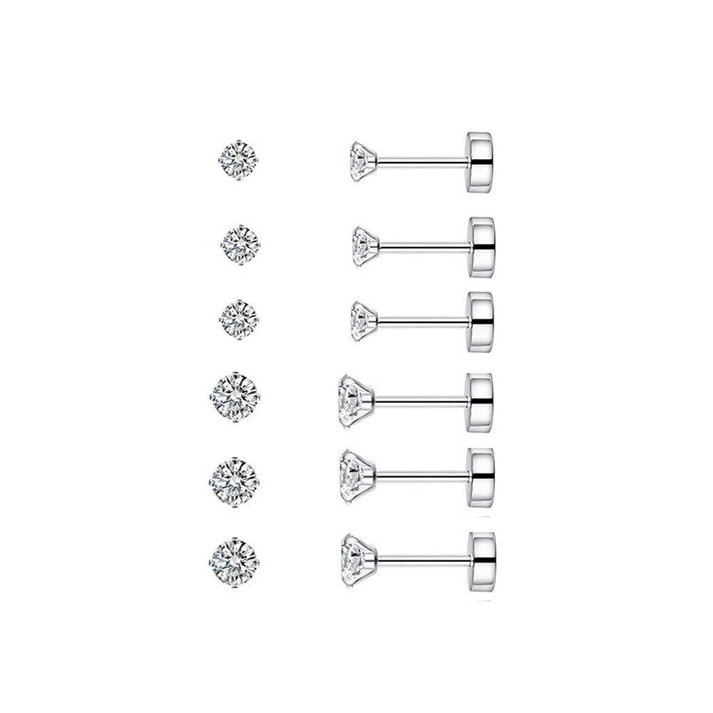 6 Pairs 20G Stainless Steel Cartilage Earrings - Round Cubic Zirconia Studs & Barbell Tragus Piercing Jewelry Set for Men & Women (2mm & 3mm) - Flat Screw Back, Hypoallergenic Gift Pack for Everyday Wear & Special Occasions