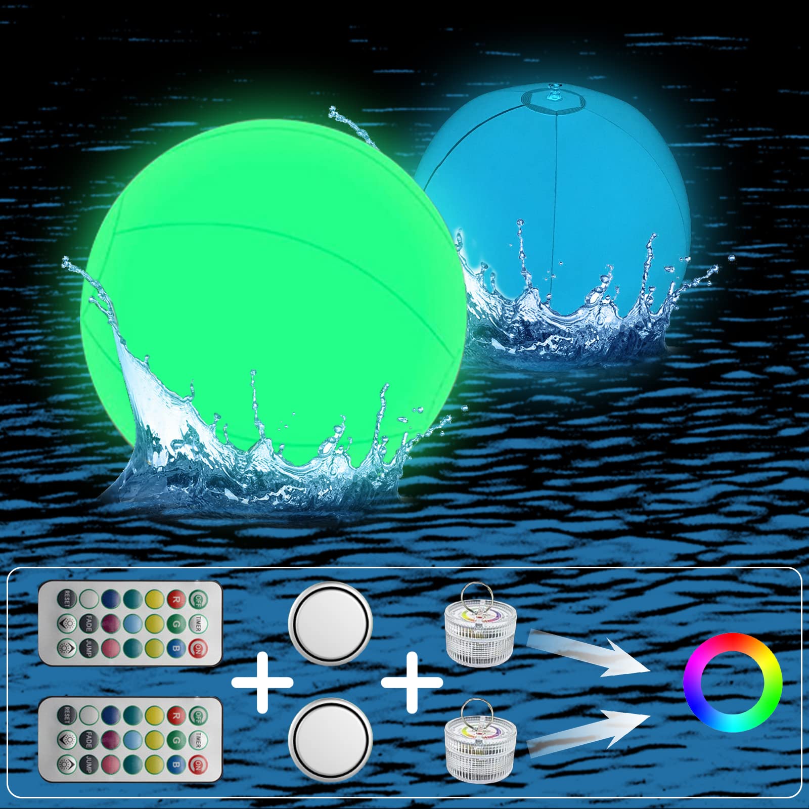 Estorxile 2 Pack 16-Inch LED Beach Ball with Remote Control - 13 Color Changing Inflatable Glow Ball for Pool, Party & Outdoor Games - Waterproof Light Up Ball for Night Swimming, Backyard Decor & Dark Room Fun