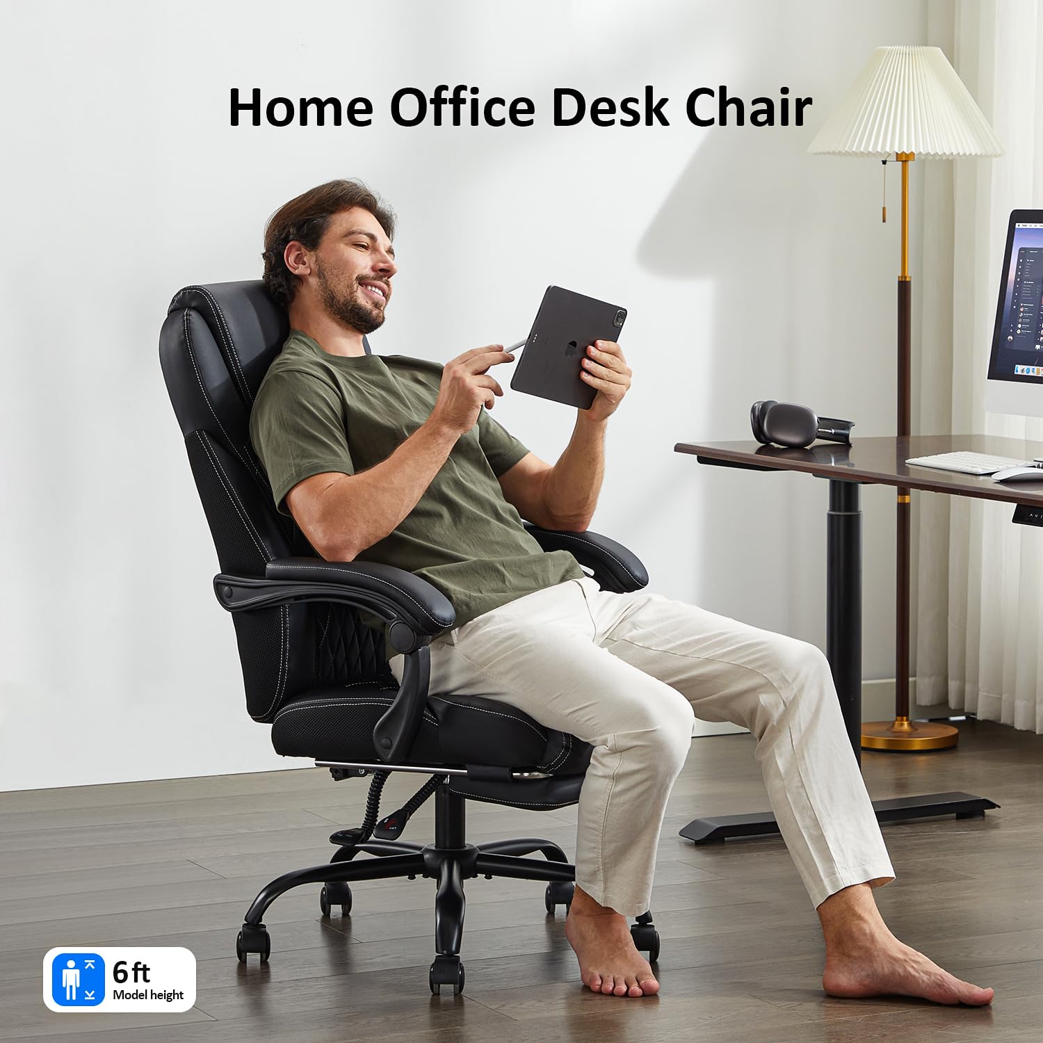 Ergonomic Big and Tall Office Chair with Footrest & Lumbar Support - High Back Reclining Leather Desk Chair for Home Office (Black) - Perfect for Long Work Hours & Gaming Sessions