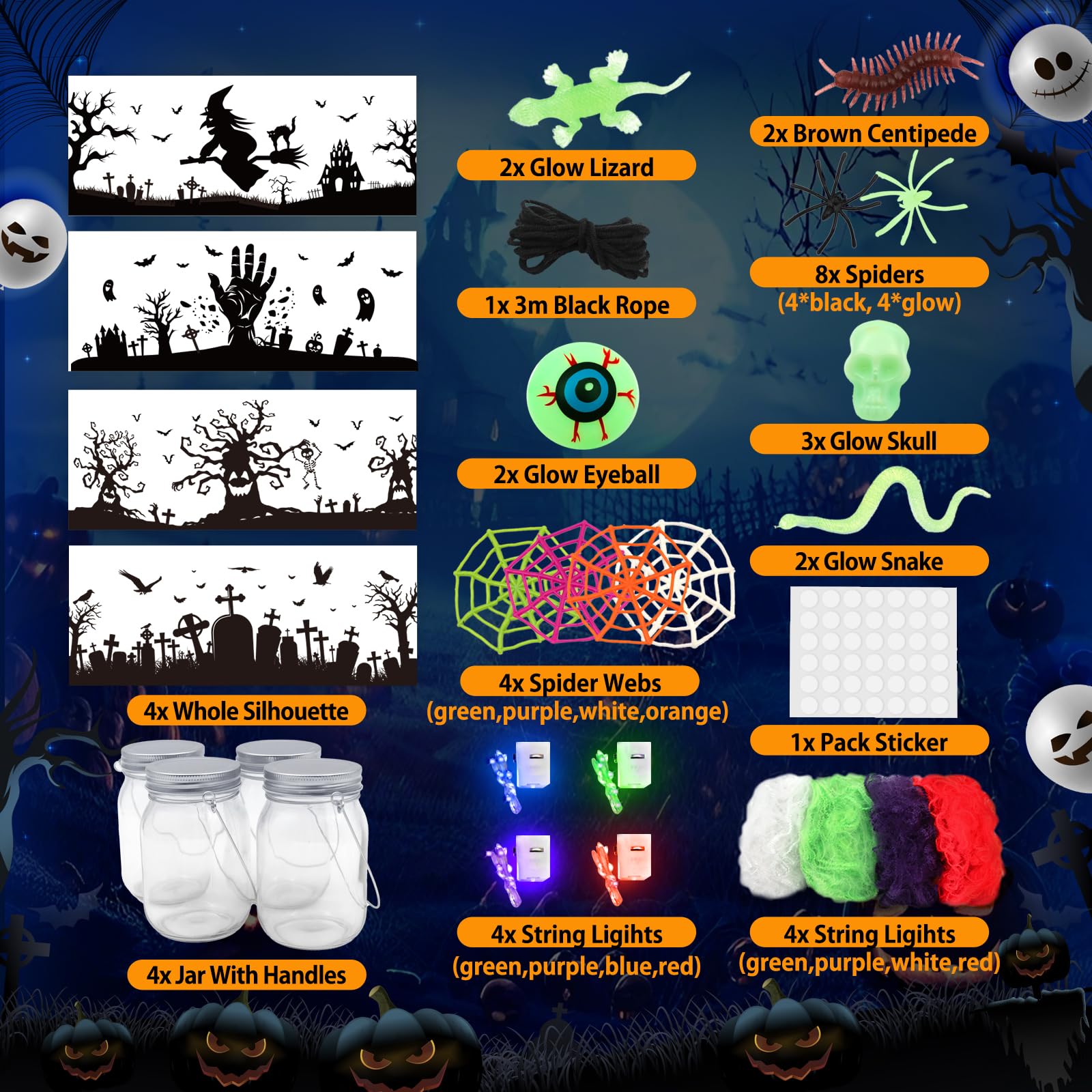 SpringFlower Halloween Craft Kit - 4 Pack Mason Jar Lanterns DIY Supplies for Kids & Adults | Creative Art Activities, Party Decorations & Spooky Home Decor