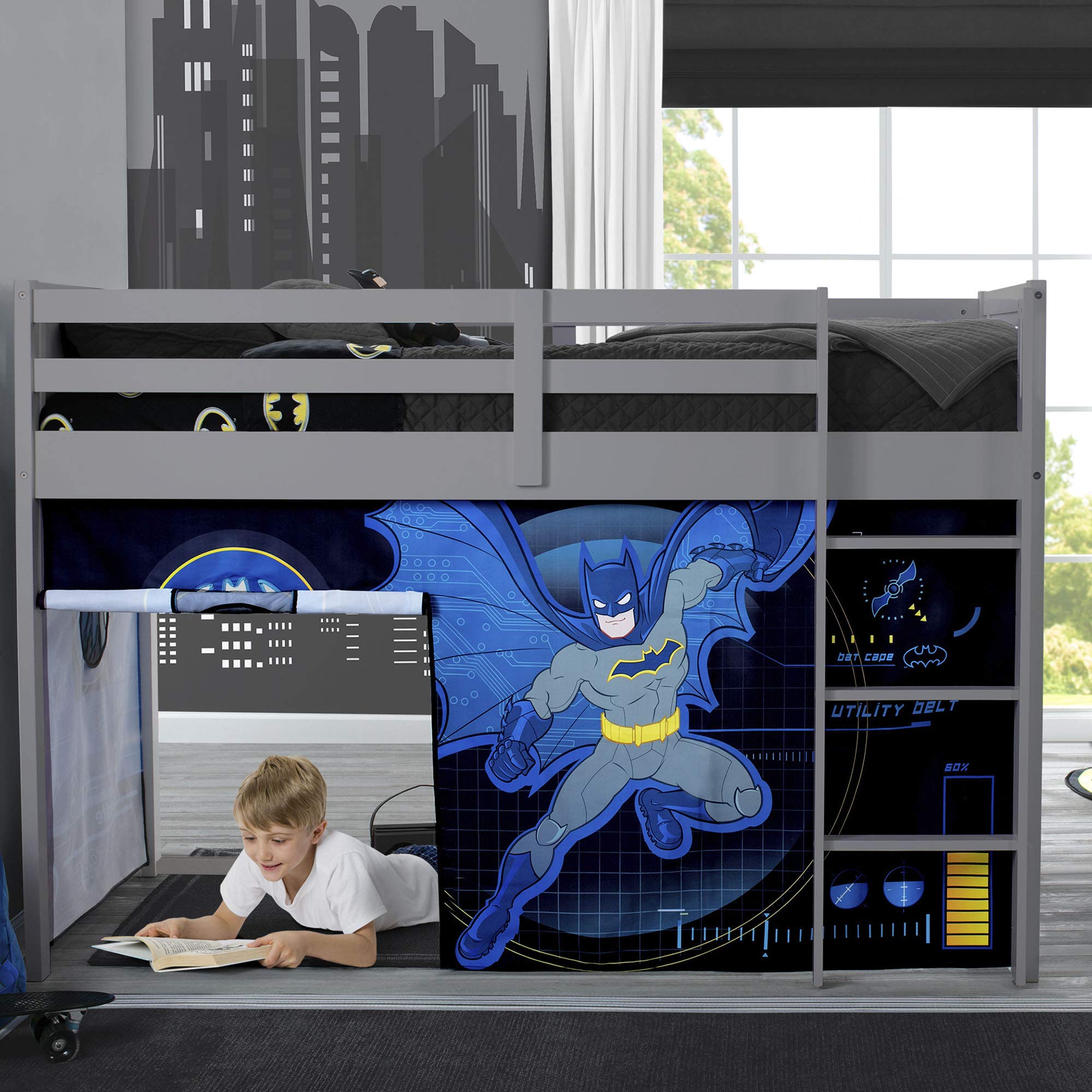 Batman Loft Bed Tent with Curtain Set for Low Twin Loft Beds - Superhero Themed Kids Bedroom Decor | Perfect for Playtime, Sleepovers & Imaginative Play (Bed Sold Separately) by Delta Children