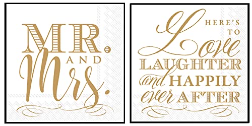 Boston International 20-Count Wedding Beverage Napkins Set of 2 - Mr. & Mrs and Love & Laughter Designs by Rosanne Beck | Perfect for Wedding Receptions, Bridal Showers & Anniversary Parties