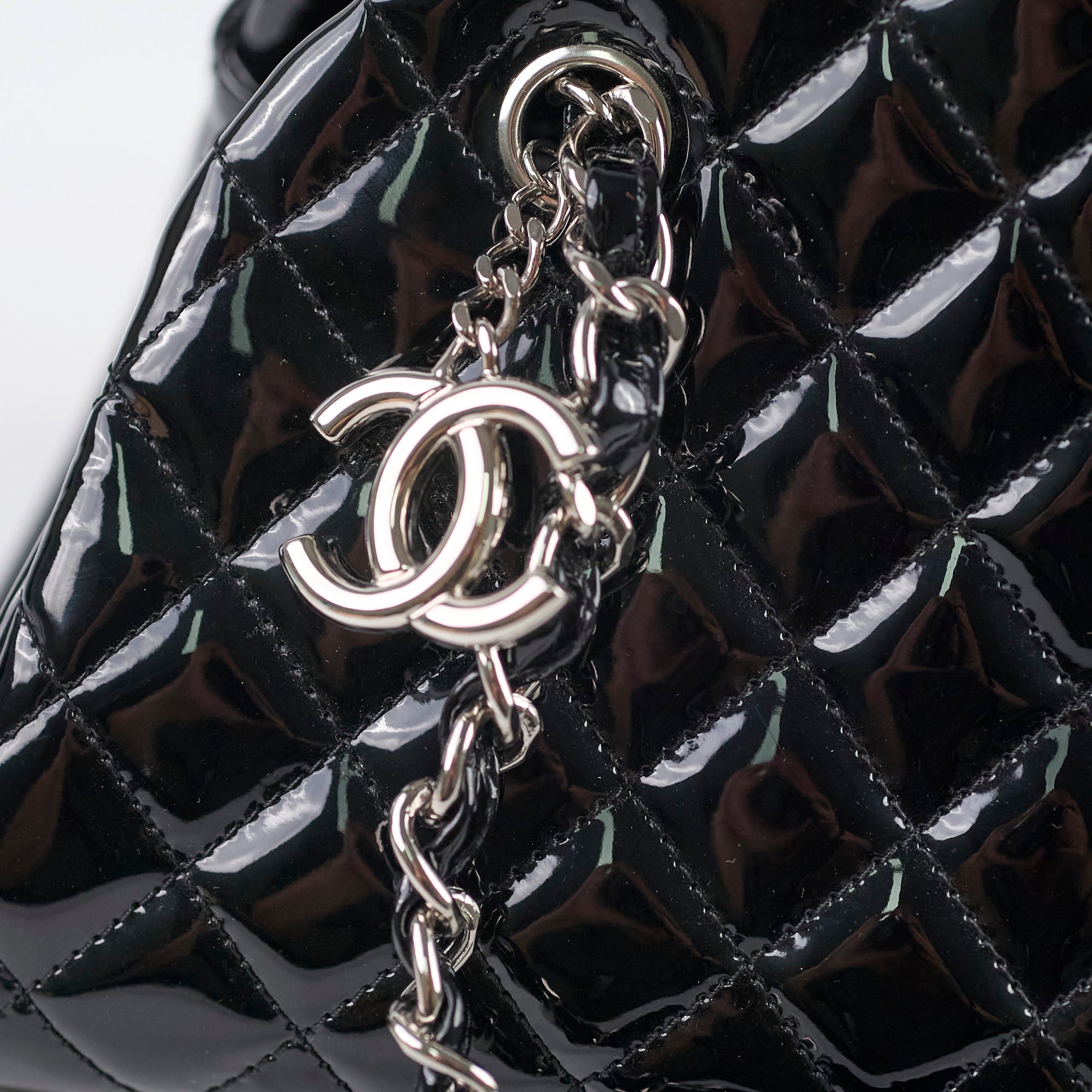 Chanel Mademoiselle Matelasse Coco Mark Bowling Bag in Patent Black Leather - Luxury Designer Handbag for Women, Perfect for Work, Travel & Evening Events