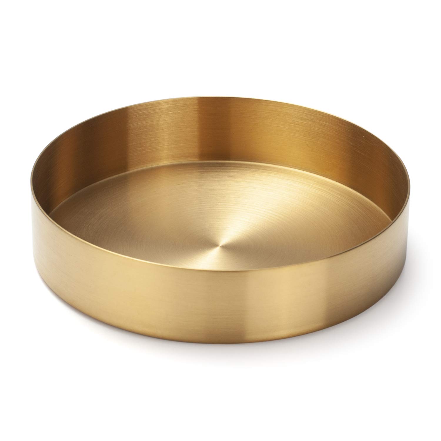 IVAILEX 5.5 Inch Round Gold Stainless Steel Decorative Tray - Jewelry Organizer, Makeup Display & Candle Holder Plate for Home Decor, Vanity Table, Bathroom Countertop and Wedding Centerpiece