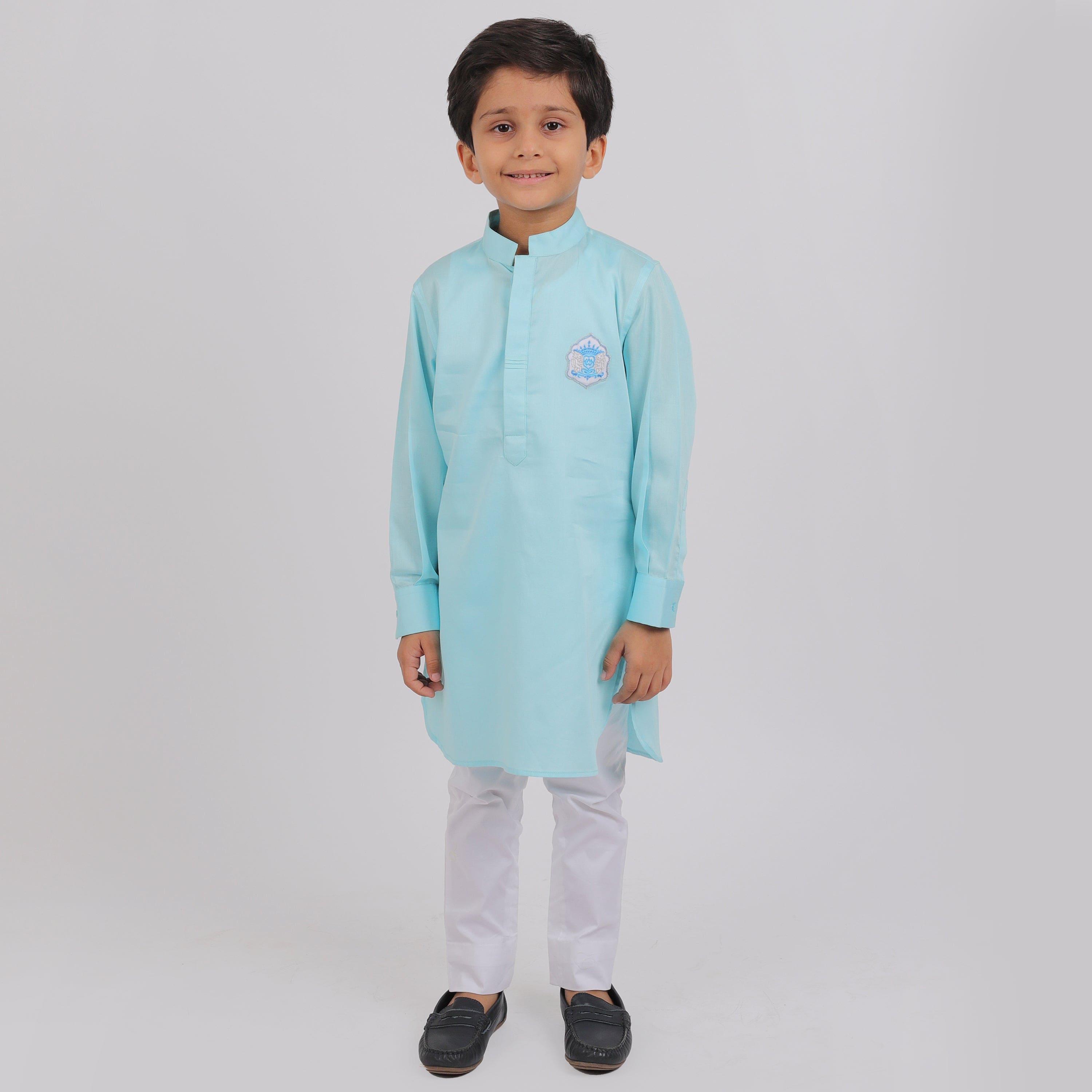 Pre Order: Stylish Ice Blue Kurta with White Pajama Set for Boys | Indian Ethnic Wear for Festivals & Special Occasions
