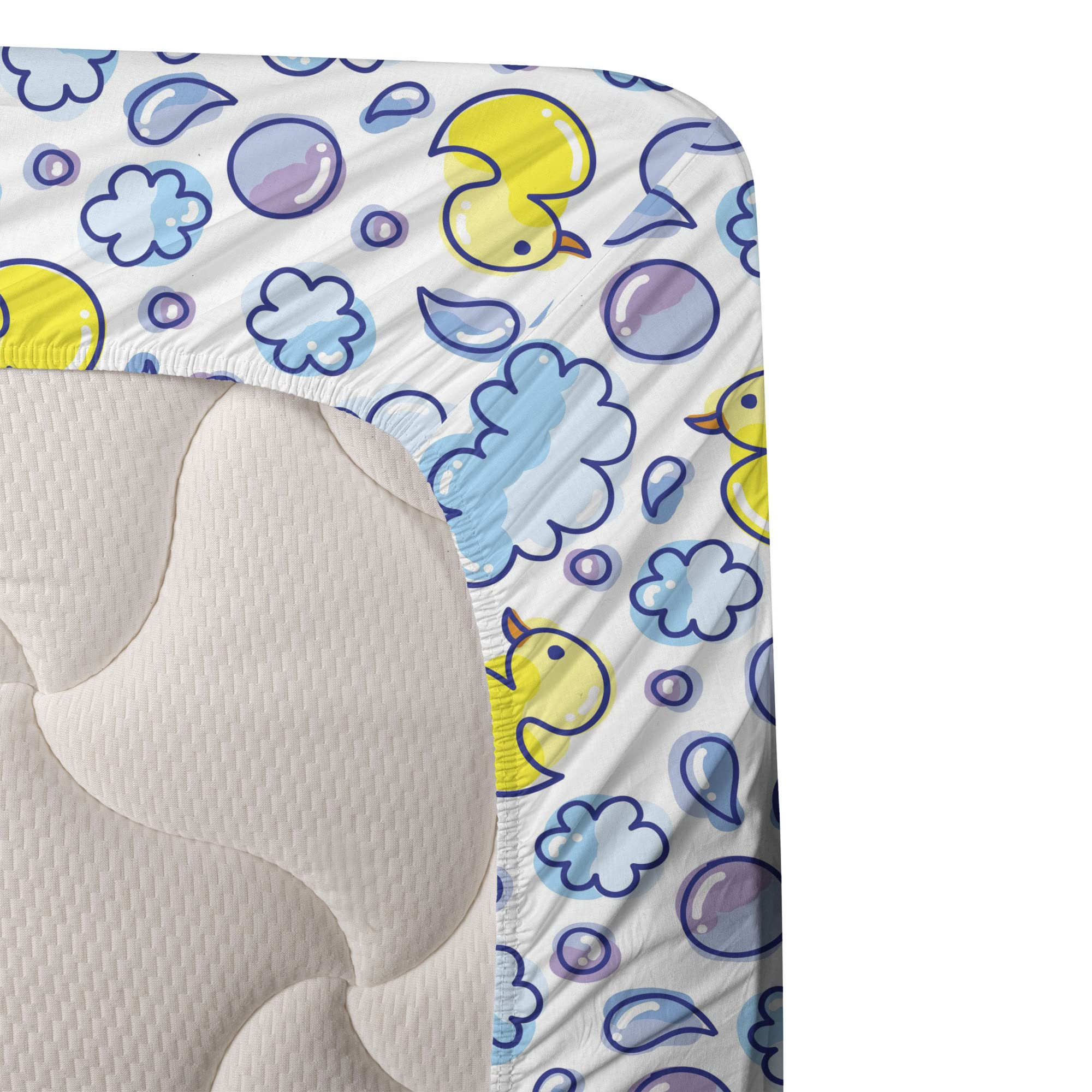 Ambesonne Cartoon Bed Sheet Set - Washing Time Themed with Soap Bubbles, Water Droplets & Duck Pattern - 3 Piece Twin Size Bedding Set (Fitted Sheet, Flat Sheet & Pillowcase) in Yellow, Lilac & Blue - Perfect for Kids' Rooms, Dorm Decor & Themed Bedrooms