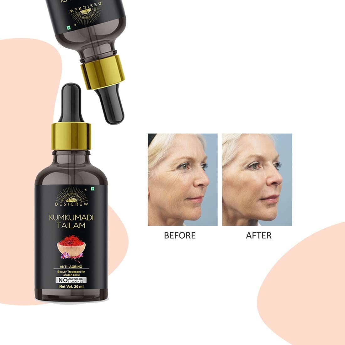 DesiCrew Kumkumadi Tailam Face Oil - Ayurvedic Facial Oil for Glowing, Spotless, Anti-Aging & Radiant Skin - Golden Glow Formula - 60ml (Pack of 2) - Perfect for Nighttime Skincare Routine & Daily Anti-Wrinkle Treatment