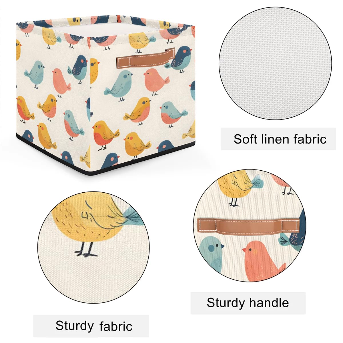 13 Inch Collapsible Birds Storage Basket with Leather Handle - Foldable Storage Bin Organizer for Closet, Shelves & Home Decor (Beige) - Perfect for Bedroom, Nursery & Bathroom Organization