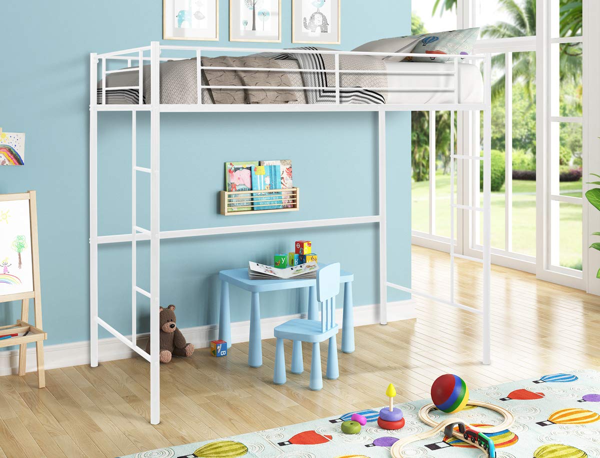 Modern Twin Size Metal Pipe Loft Bunk Bed with Two-Side Ladders & Storage Guard Rail - White | Space-Saving Kids Bedroom Furniture for Small Rooms & Dormitories