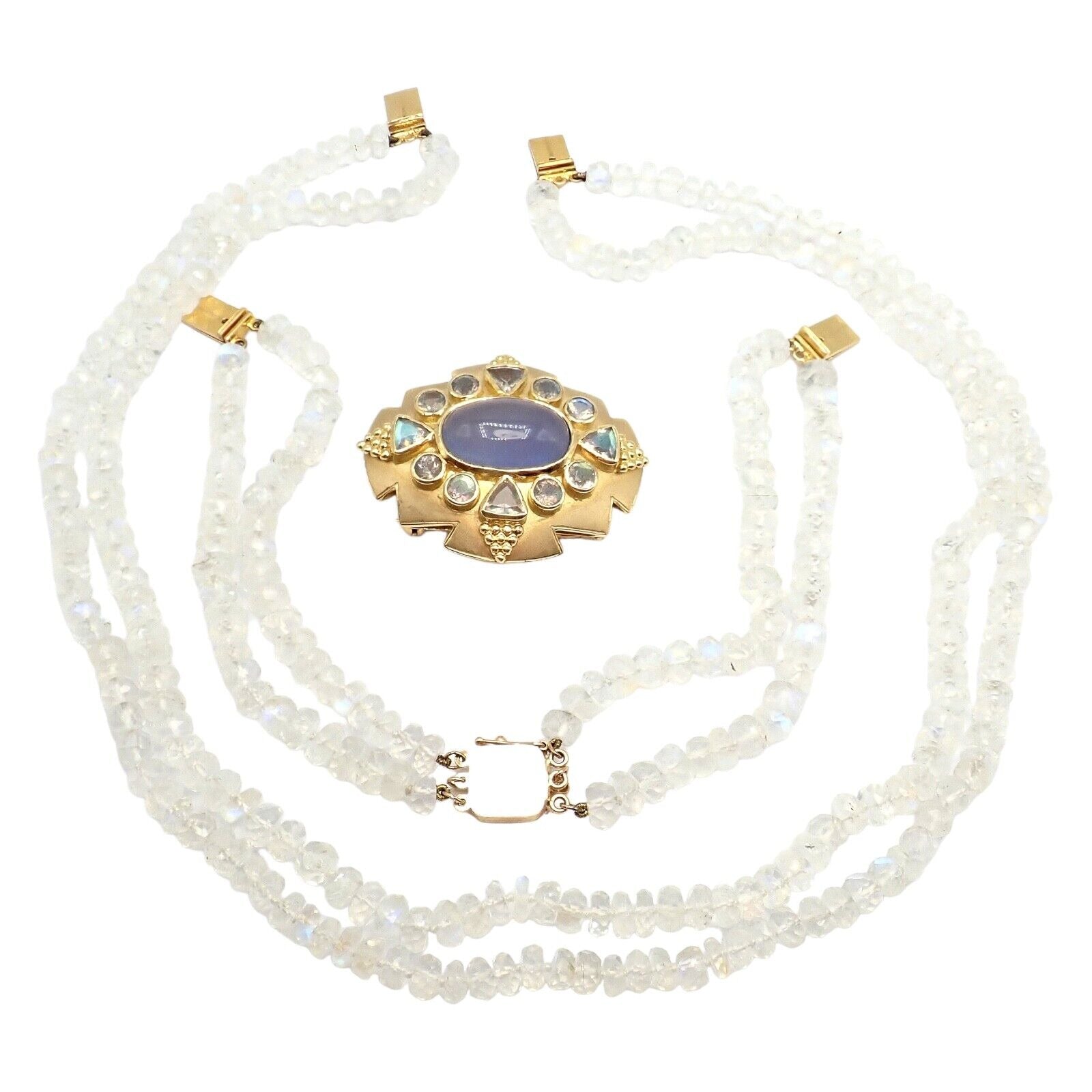 Paula Crevoshay 18k Gold Moonstone Chalcedony Jewelry Set - Brooch, Bracelet & Necklace OOAK for Special Occasions & Luxury Gifts