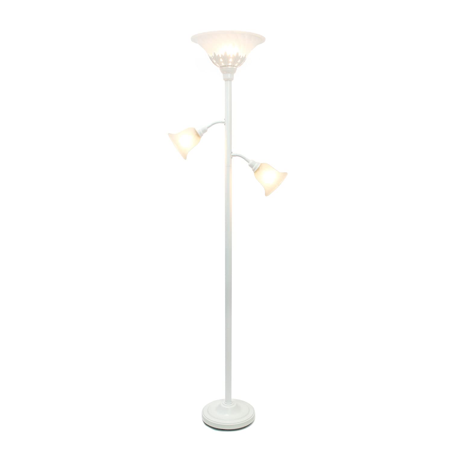 White Torchiere Floor Lamp with 2 Adjustable Reading Lights & Scalloped Glass Shades - Perfect for Living Room, Bedroom & Office Lighting