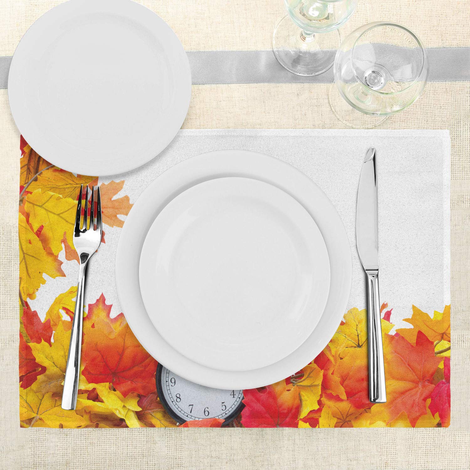 Ambesonne 4-Piece Clock Place Mats Set - Autumn Leaves & Alarm Clock Fall Theme, Washable Fabric Dining Table Mats for Kitchen & Dining Room Decor - White & Orange - Perfect for Thanksgiving, Halloween, and Cozy Autumn Gatherings
