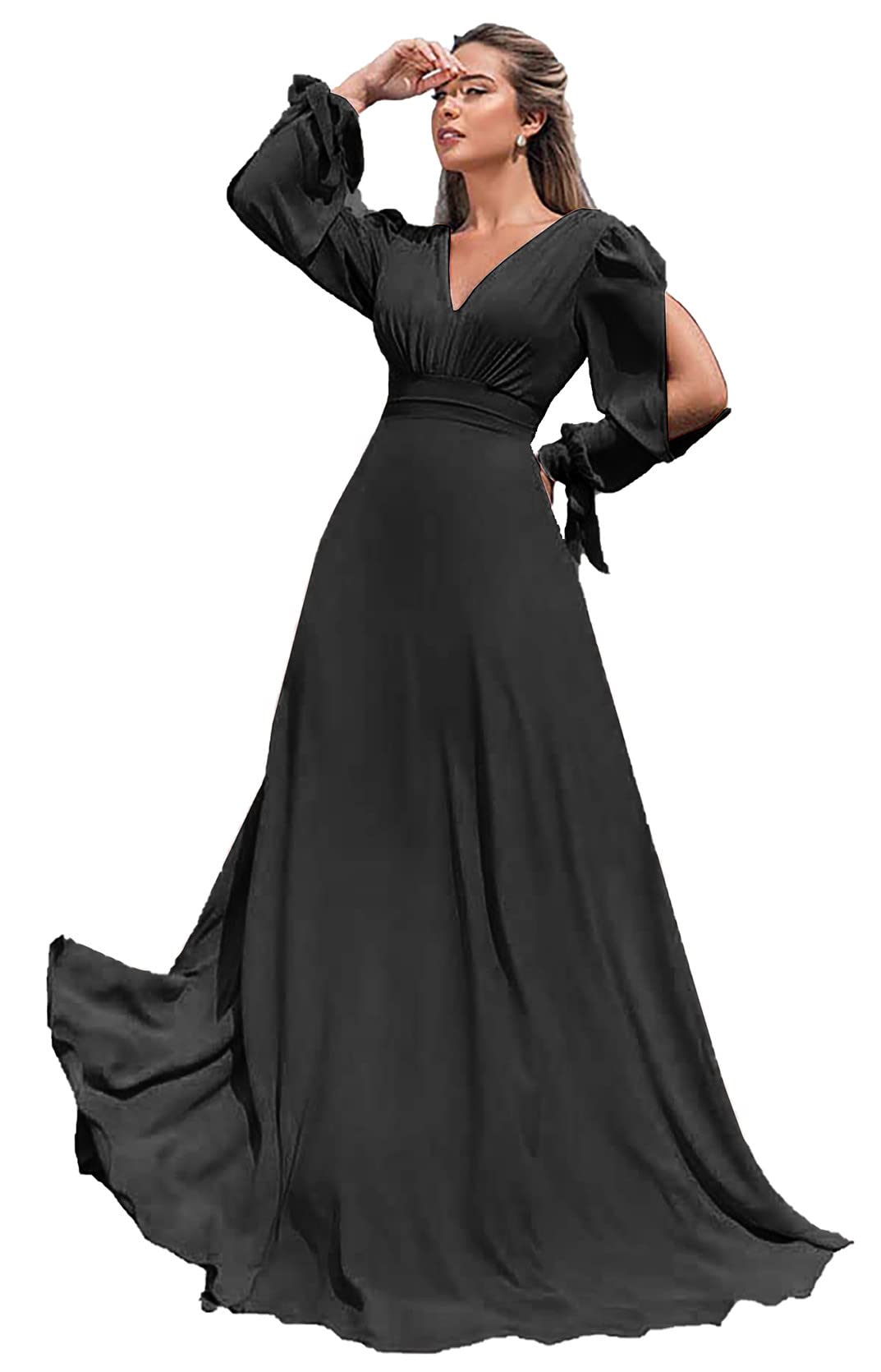 Elegant Long Sleeve Chiffon Bridesmaid Dresses for Women - A-Line Formal Wedding Party Gowns with Split - Perfect for Weddings, Proms & Special Occasions