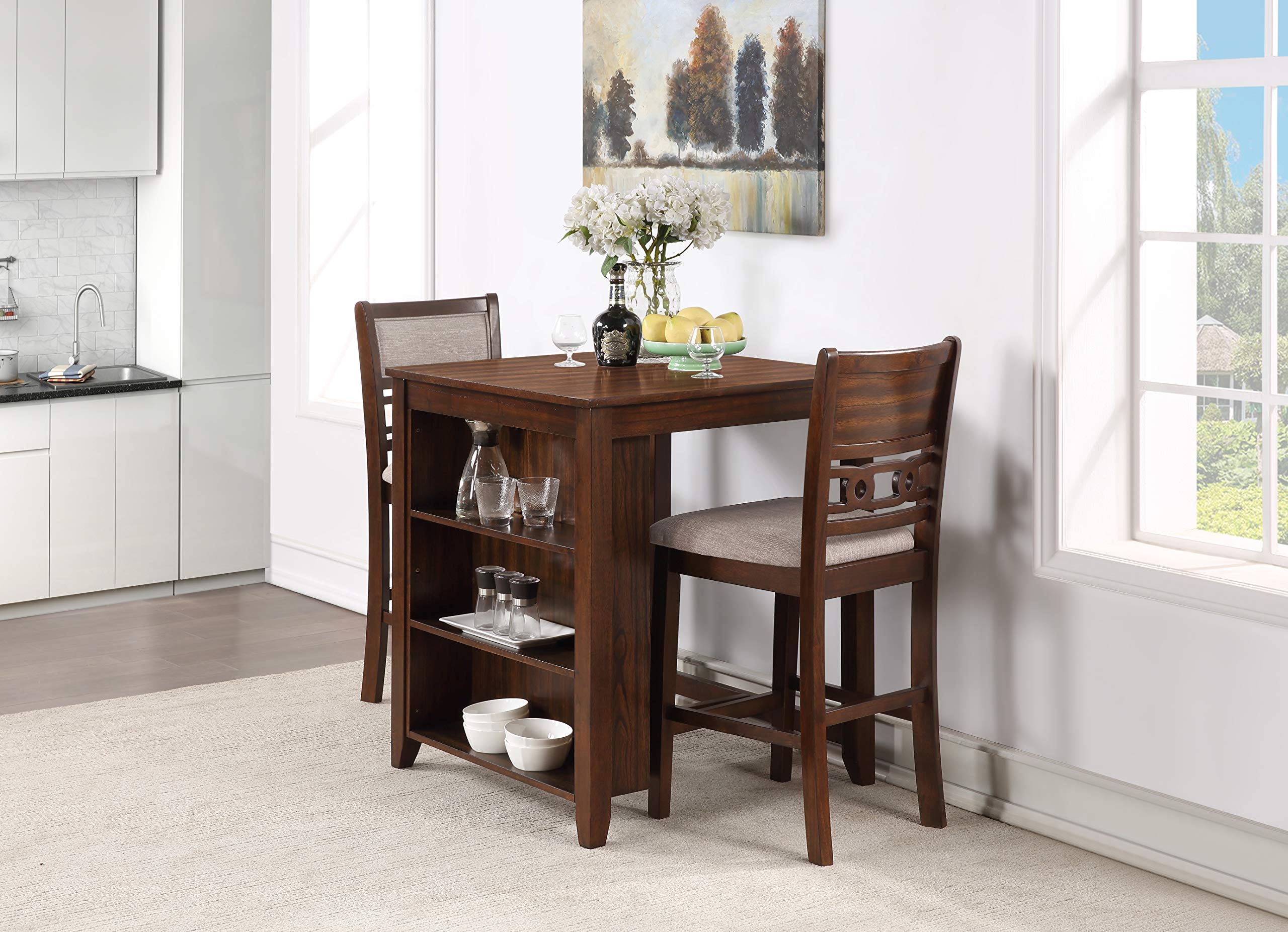 Classic Gia Counter Table Set with 2 Dining Chairs & Storage Shelf - 30 Inch Cherry Brown - Perfect for Small Kitchens, Breakfast Nooks & Studio Apartments