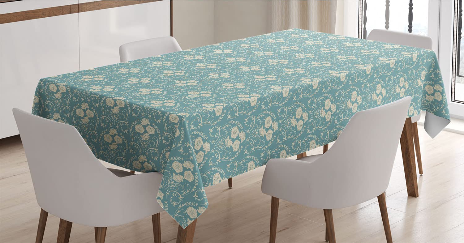 Ambesonne Rose Tablecloth - Elegant Swirling Leaf & Stem Wreath Pattern with Rose Petals Print, 60x84 Inch Rectangle Satin Dining Table Cover for Kitchen & Dining Room Decor, Off White & Pale Teal - Perfect for Dinner Parties, Holiday Gatherings & Home Decor