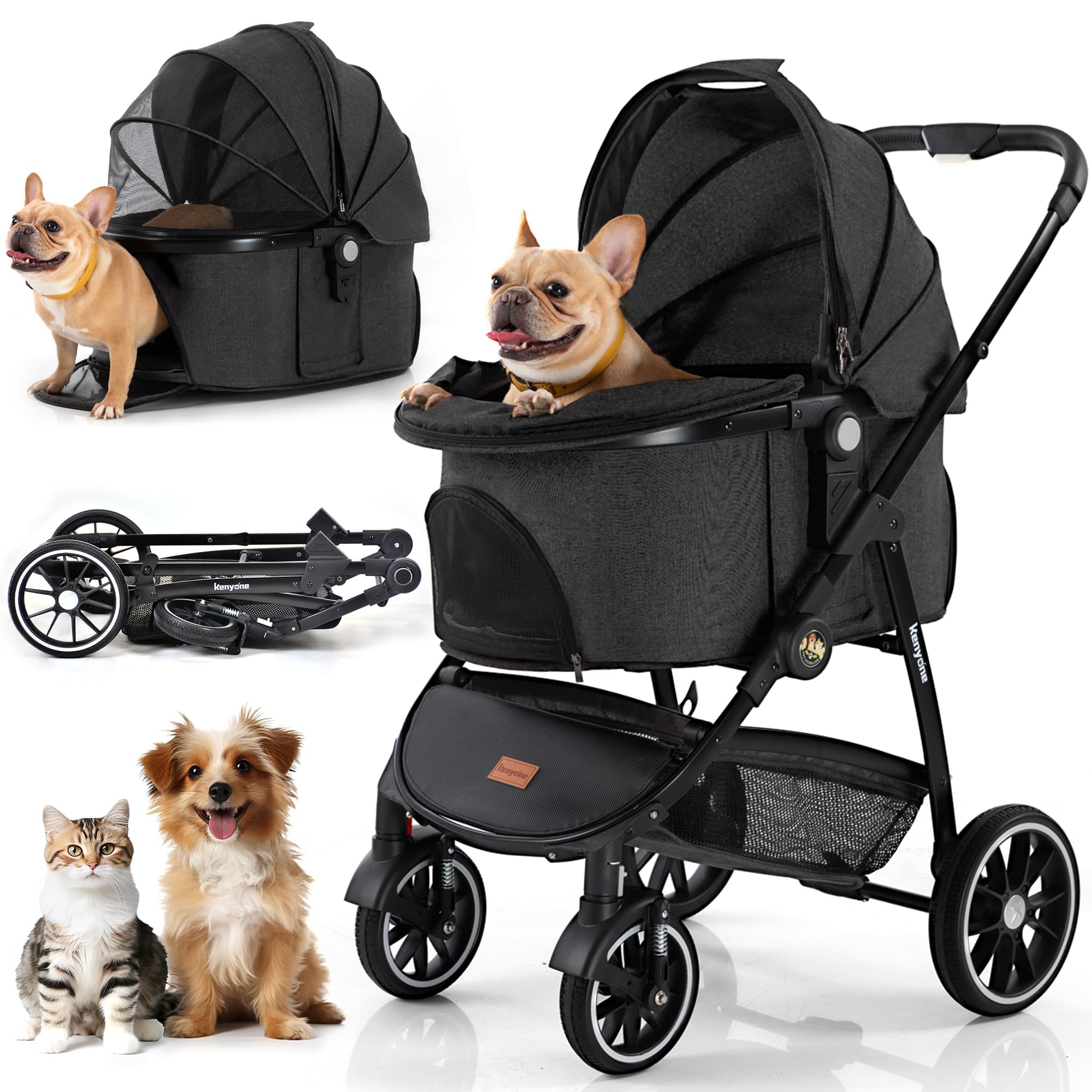 Kenyone 3-in-1 Pet Stroller for Small to Medium Dogs & Cats - Detachable Carrier for Puppies, Kittens & Bunnies (Black C510) | Perfect for Vet Visits, Park Walks & Travel Adventures
